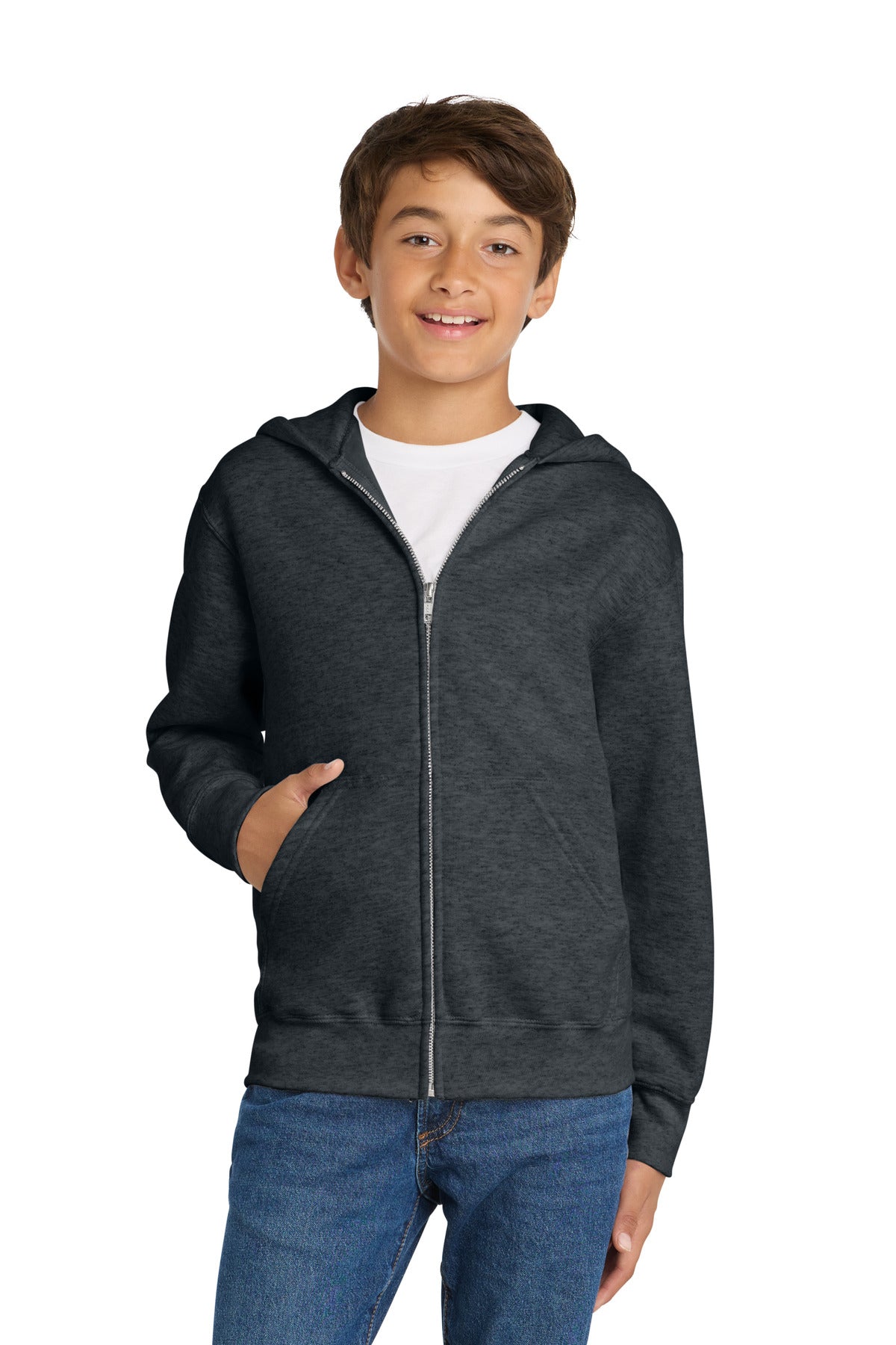 Custom Dark Heather Grey Youth Core Fleece Full-Zip Hoodie PC78YZH, personalized by SanCanDo Swag in Argyle, TX