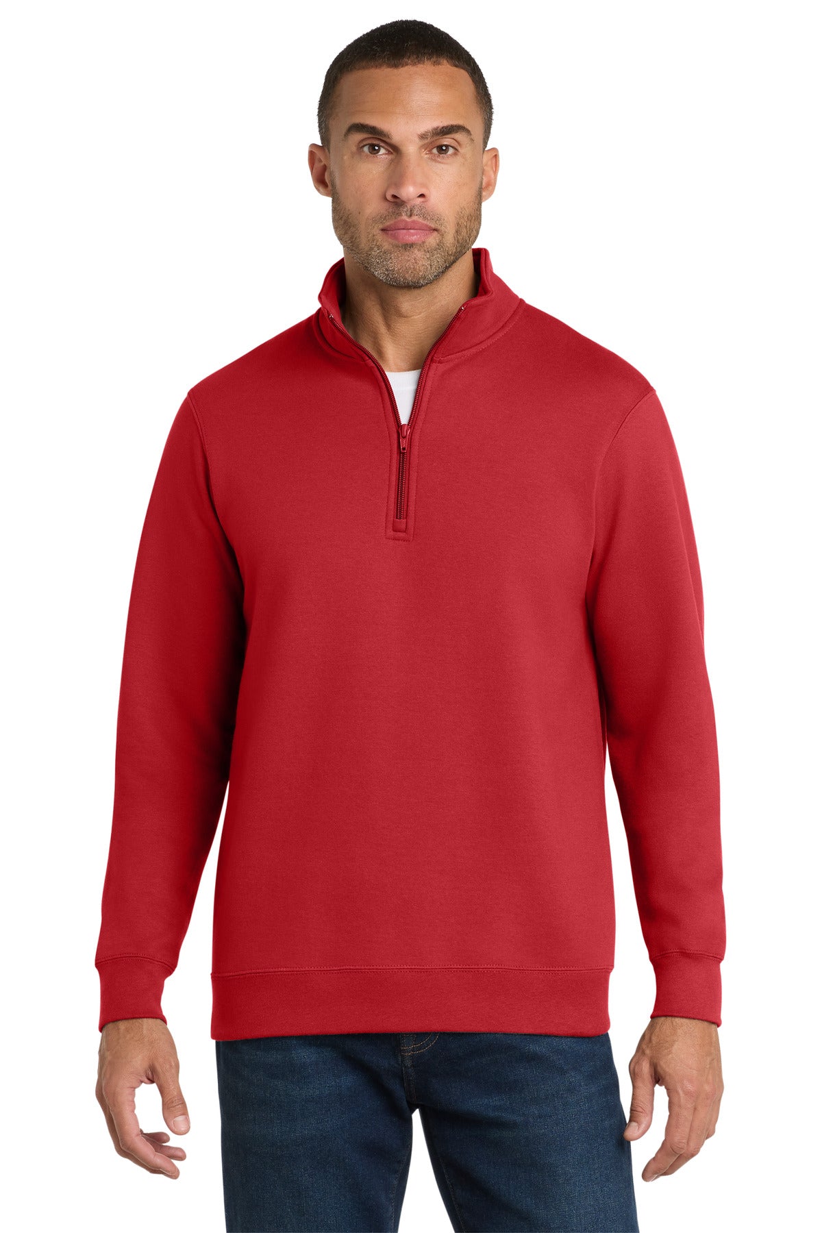Custom Bright Red Fleece 1/4-Zip Pullover Sweatshirt PC850Q, personalized by SanCanDo Swag in Argyle, TX