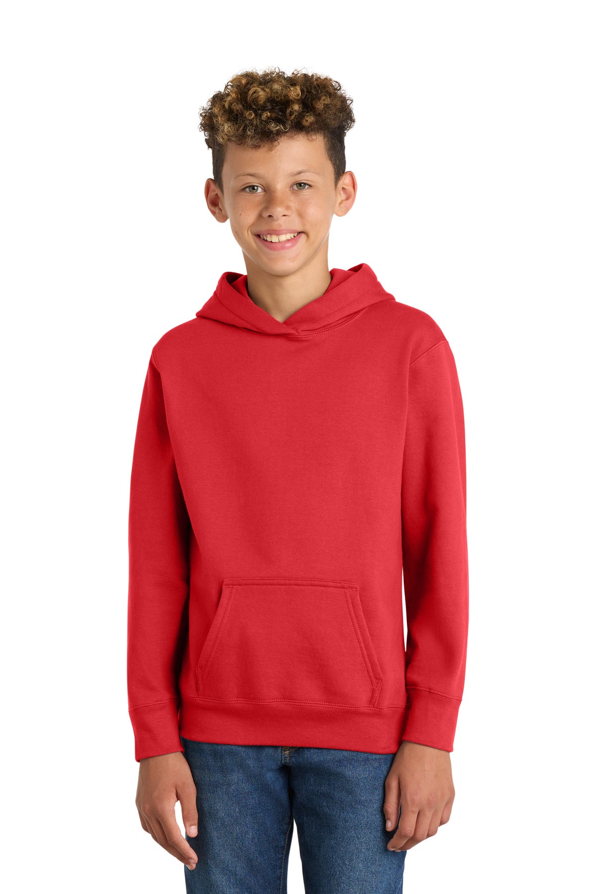 Custom Bright Red Youth Fan Favorite Fleece Hoodie PC850YH, personalized by SanCanDo Swag in Argyle, TX