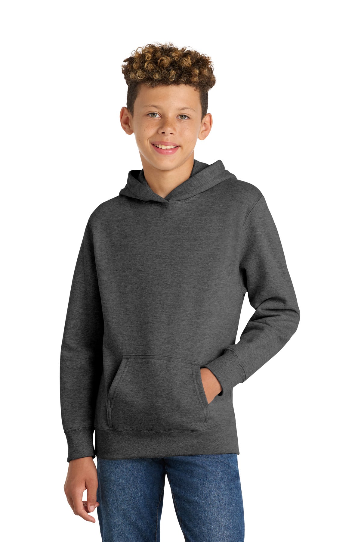 Custom Dark Heather Grey Youth Fan Favorite Fleece Hoodie PC850YH, personalized by SanCanDo Swag in Argyle, TX