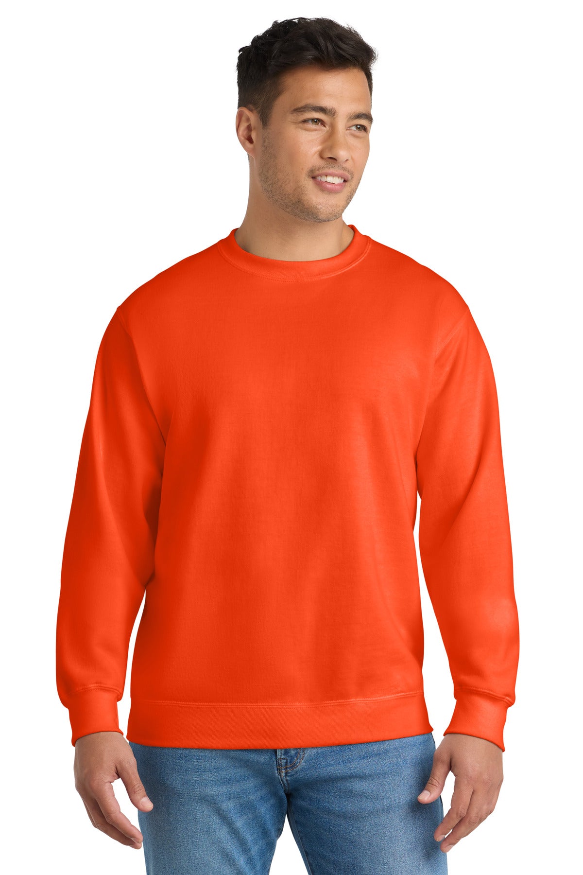 Custom Safety Orange Essential Fleece Crewneck PC90, personalized by SanCanDo Swag in Argyle, TX