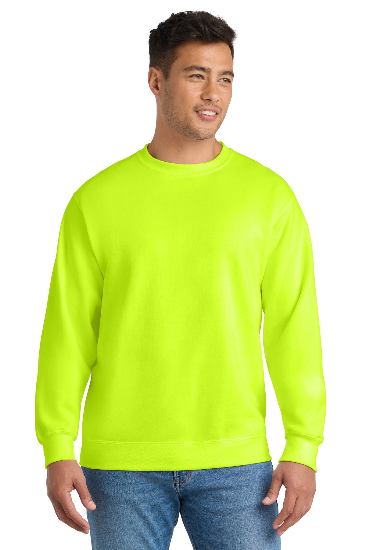 Custom Safety Green Essential Fleece Crewneck PC90, personalized by SanCanDo Swag in Argyle, TX