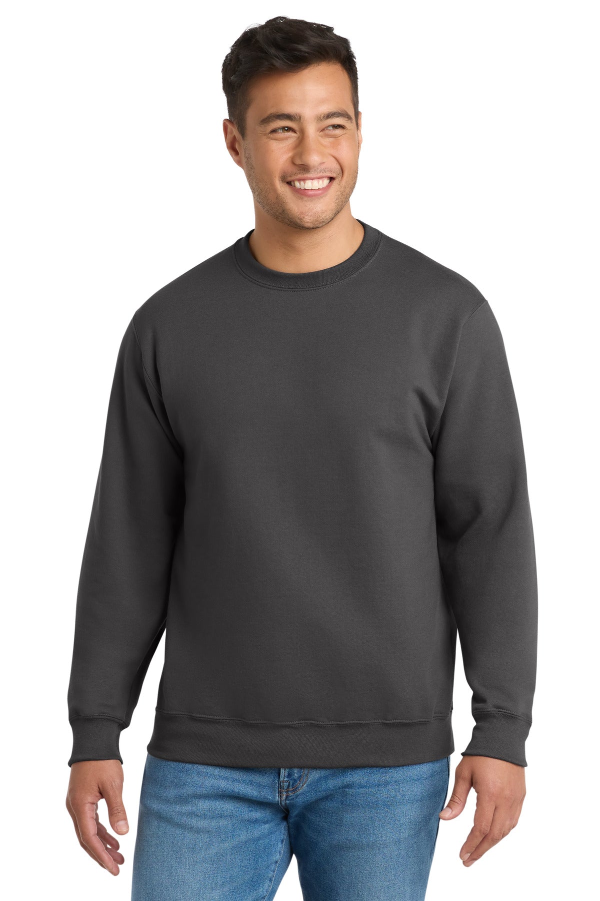 Custom Charcoal Essential Fleece Crewneck PC90, personalized by SanCanDo Swag in Argyle, TX