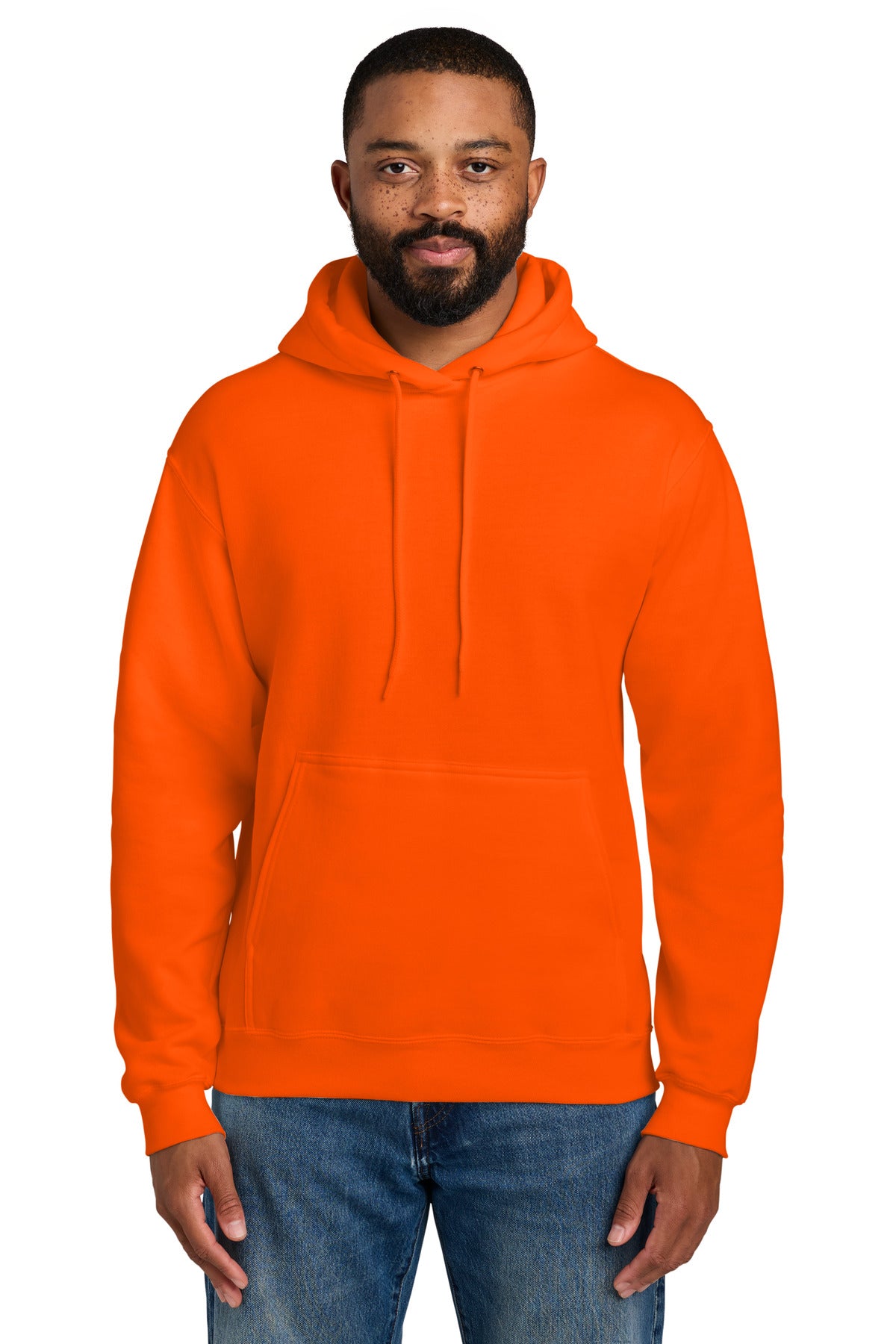 Custom Safety Orange Essential Fleece Hoodie PC90H, personalized by SanCanDo Swag in Argyle, TX