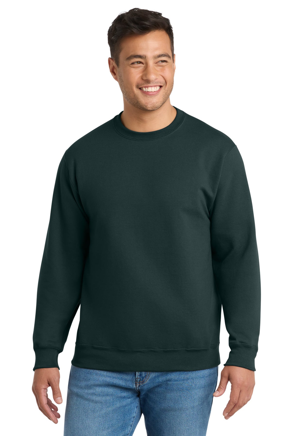 Custom Dark Green Tall Essential Fleece Crewneck PC90T, personalized by SanCanDo Swag in Argyle, TX