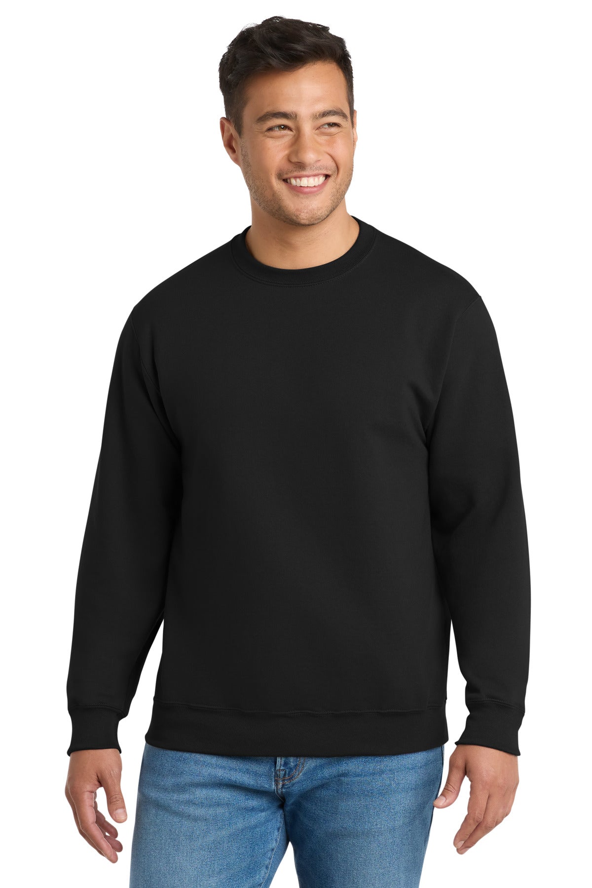 Custom Jet Black Tall Essential Fleece Crewneck PC90T, personalized by SanCanDo Swag in Argyle, TX