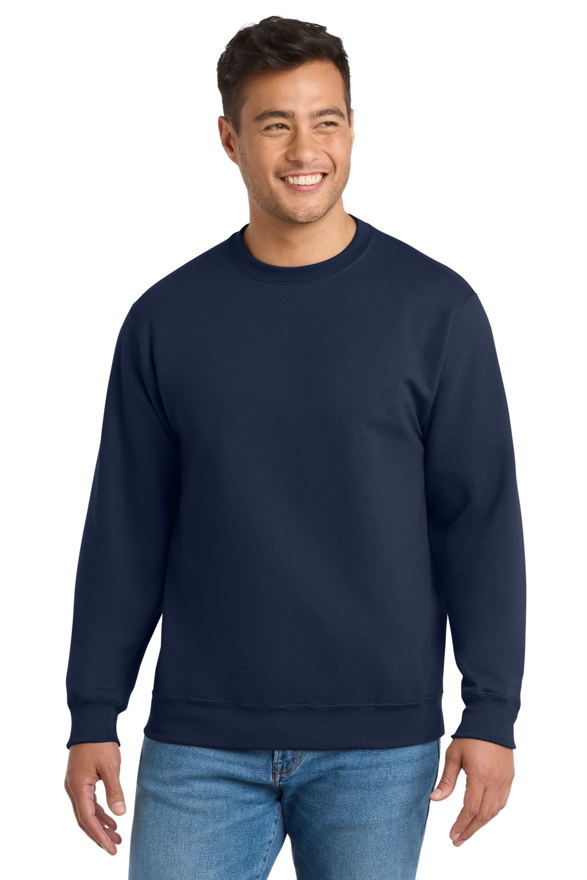 Custom Navy Tall Essential Fleece Crewneck PC90T, personalized by SanCanDo Swag in Argyle, TX