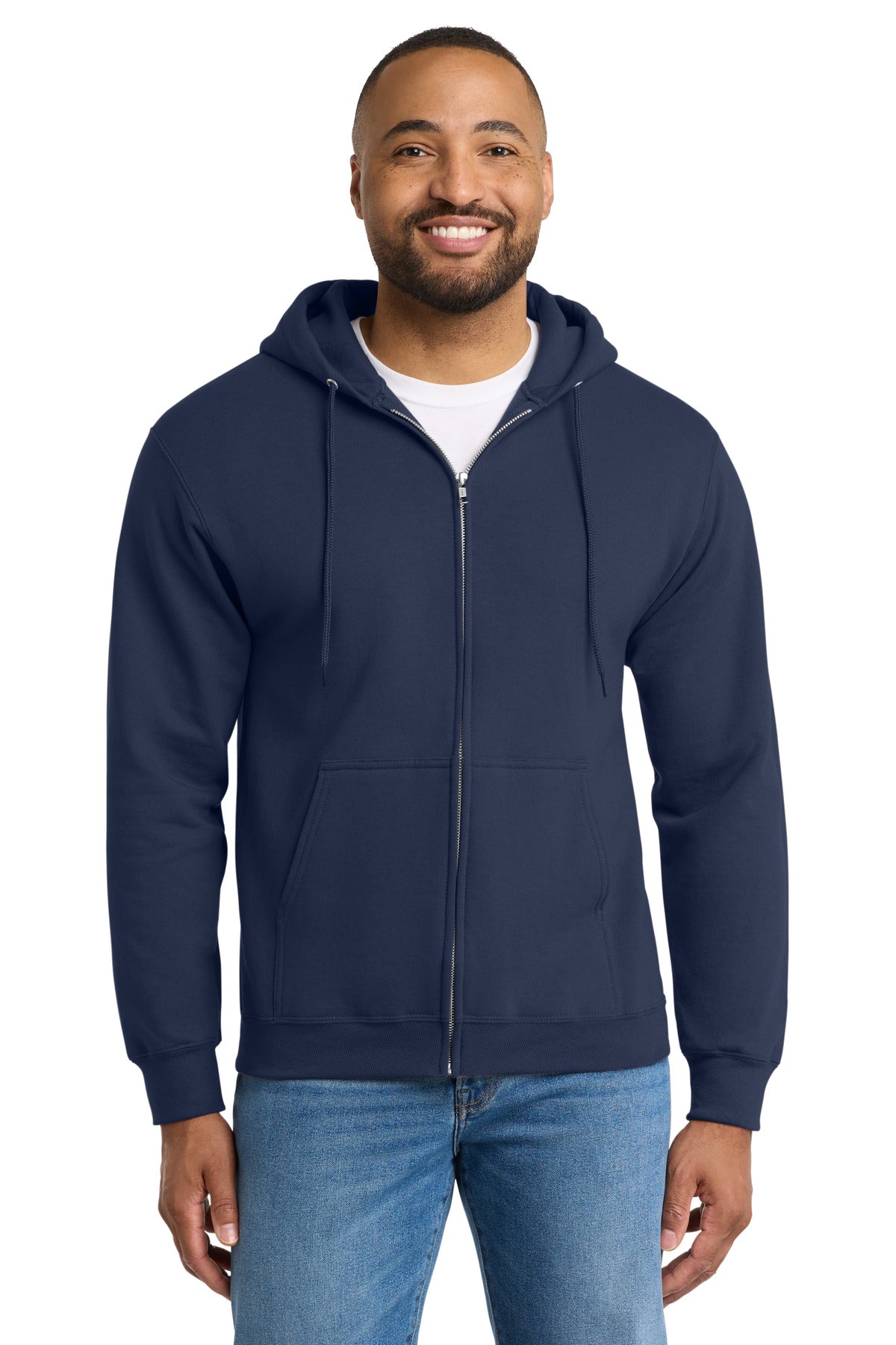 Custom Navy Tall Essential Fleece Full-Zip Hoodie PC90ZHT, personalized by SanCanDo Swag in Argyle, TX
