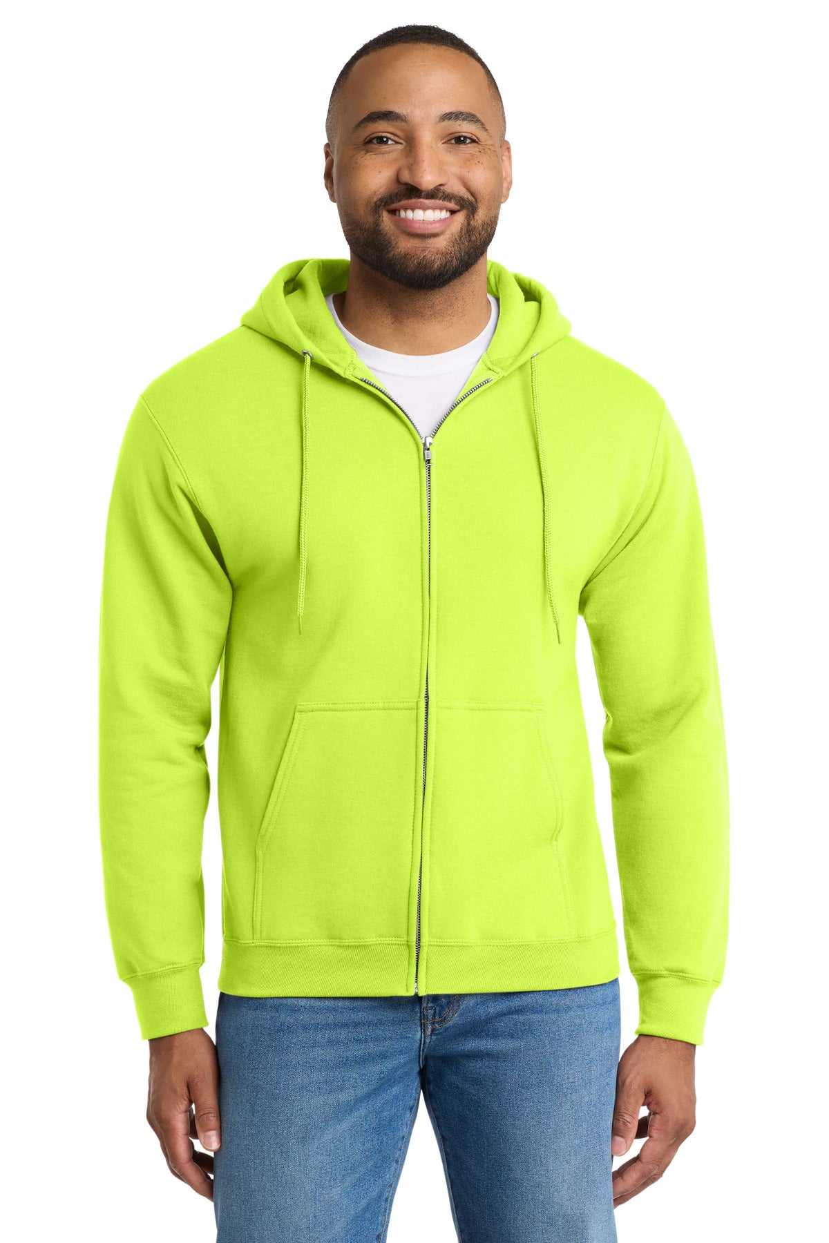 Custom Safety Green Tall Essential Fleece Full-Zip Hoodie PC90ZHT, personalized by SanCanDo Swag in Argyle, TX