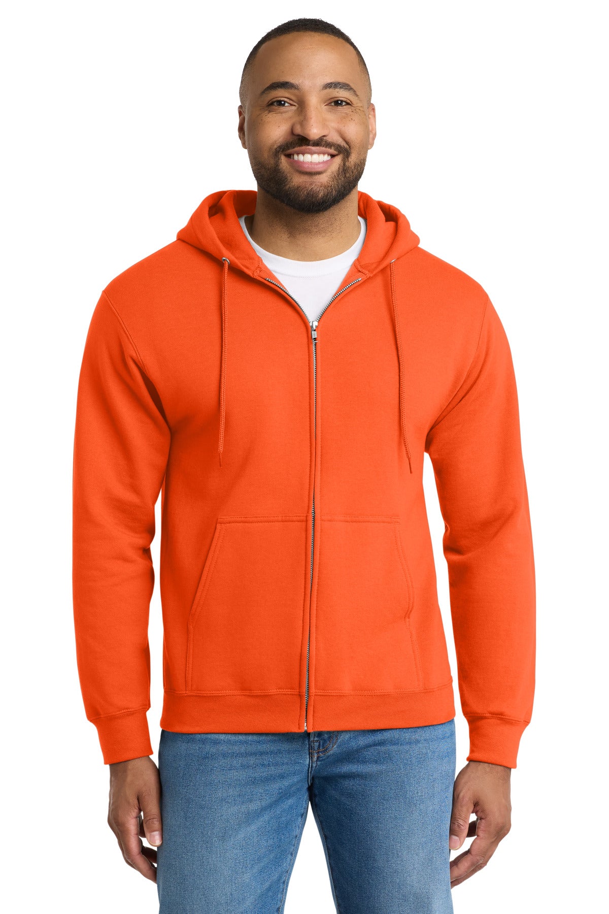 Custom Safety Orange Tall Essential Fleece Full-Zip Hoodie PC90ZHT, personalized by SanCanDo Swag in Argyle, TX
