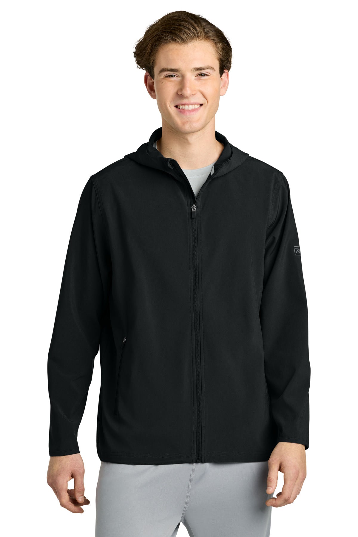 Custom Black Barrage Hooded Wind Jacket RA7400FZH, personalized by SanCanDo Swag in Argyle, TX