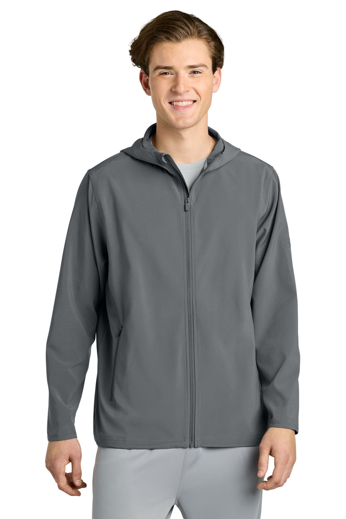 Custom Charcoal Barrage Hooded Wind Jacket RA7400FZH, personalized by SanCanDo Swag in Argyle, TX