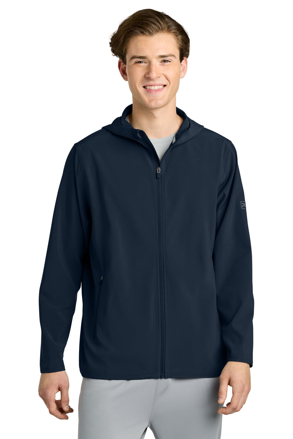 Custom Navy Barrage Hooded Wind Jacket RA7400FZH, personalized by SanCanDo Swag in Argyle, TX