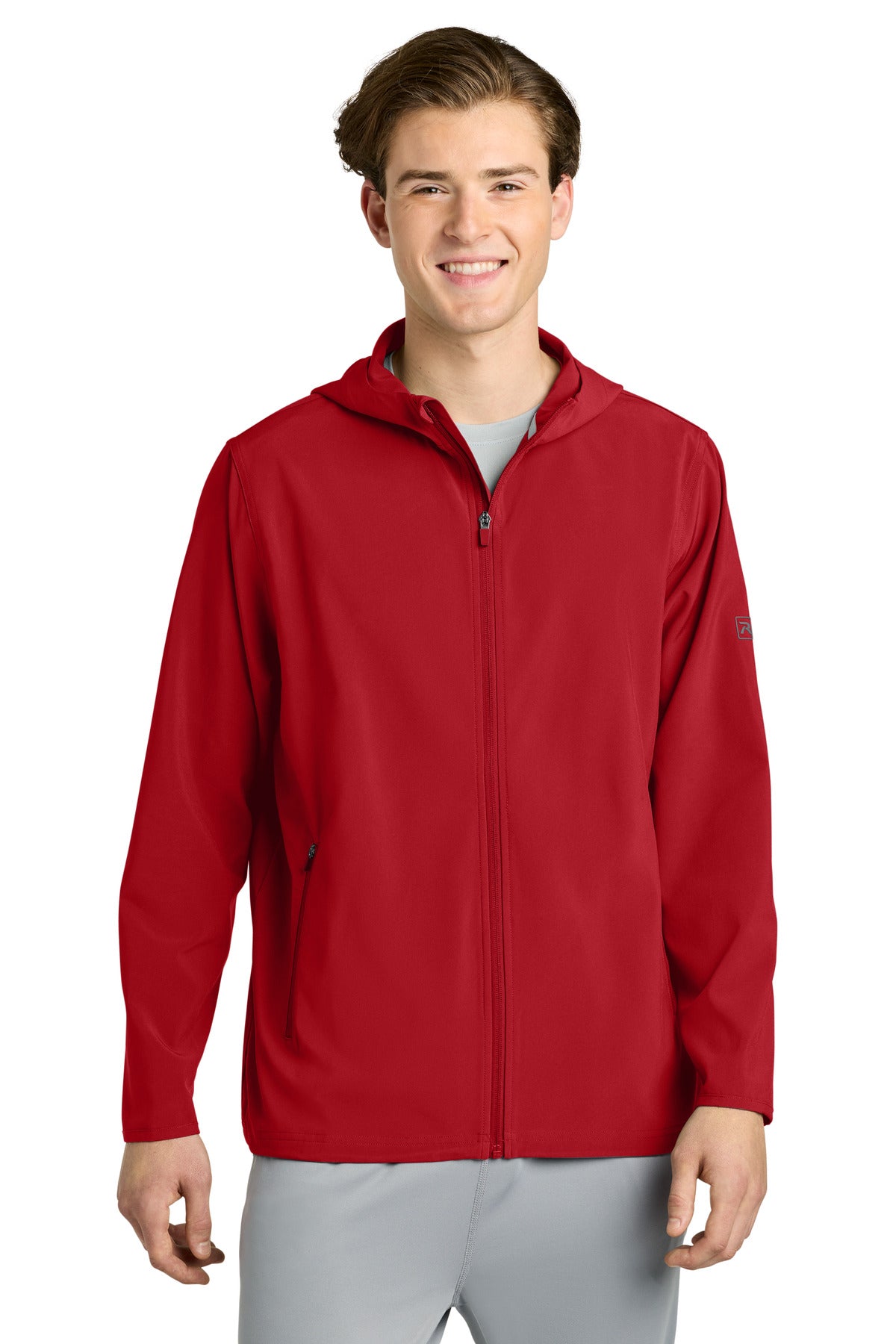 Custom Red Barrage Hooded Wind Jacket RA7400FZH, personalized by SanCanDo Swag in Argyle, TX