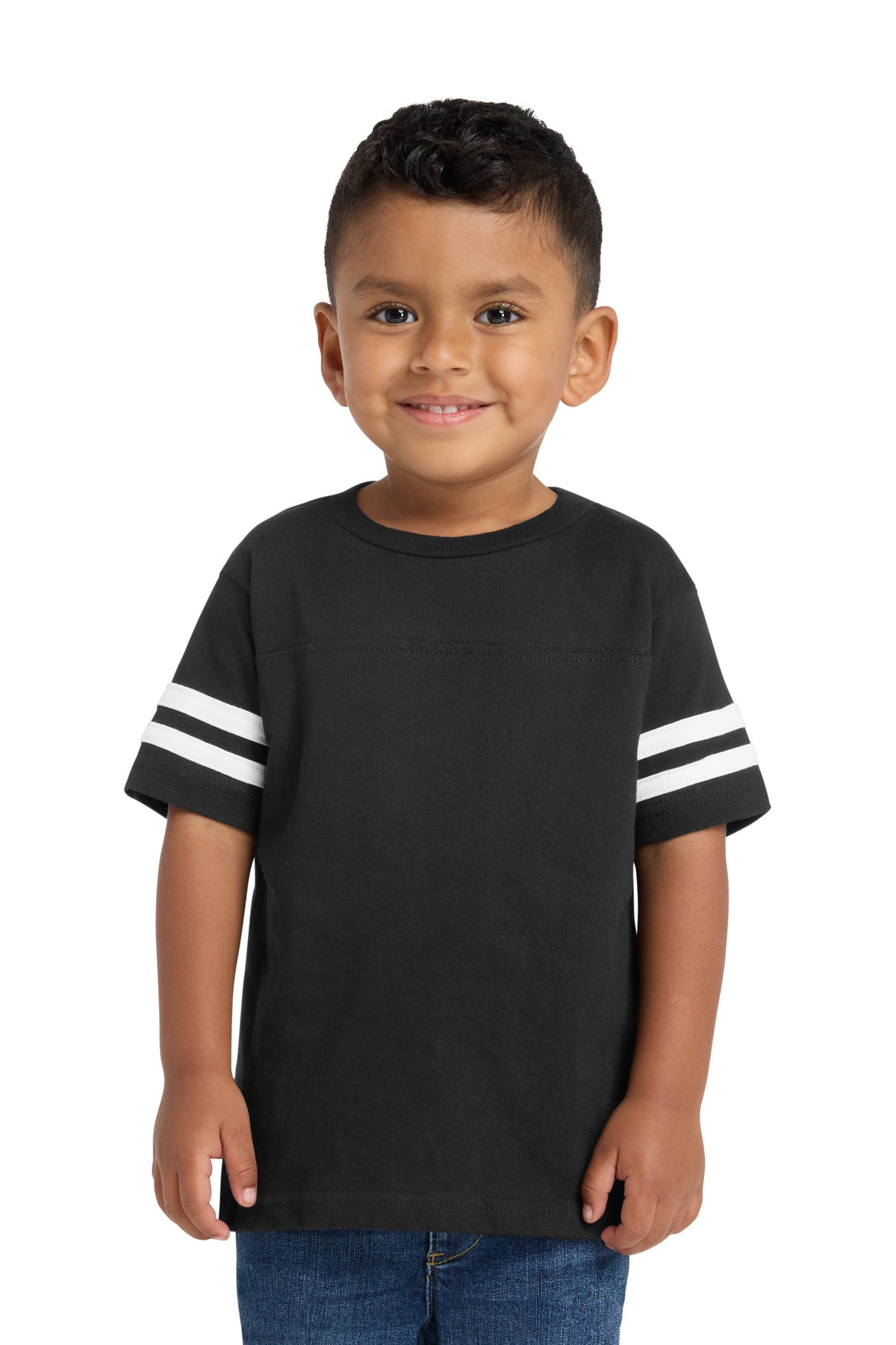 Custom Black/ White Toddler Football Fine Jersey Tee RS3037, personalized by SanCanDo Swag in Argyle, TX