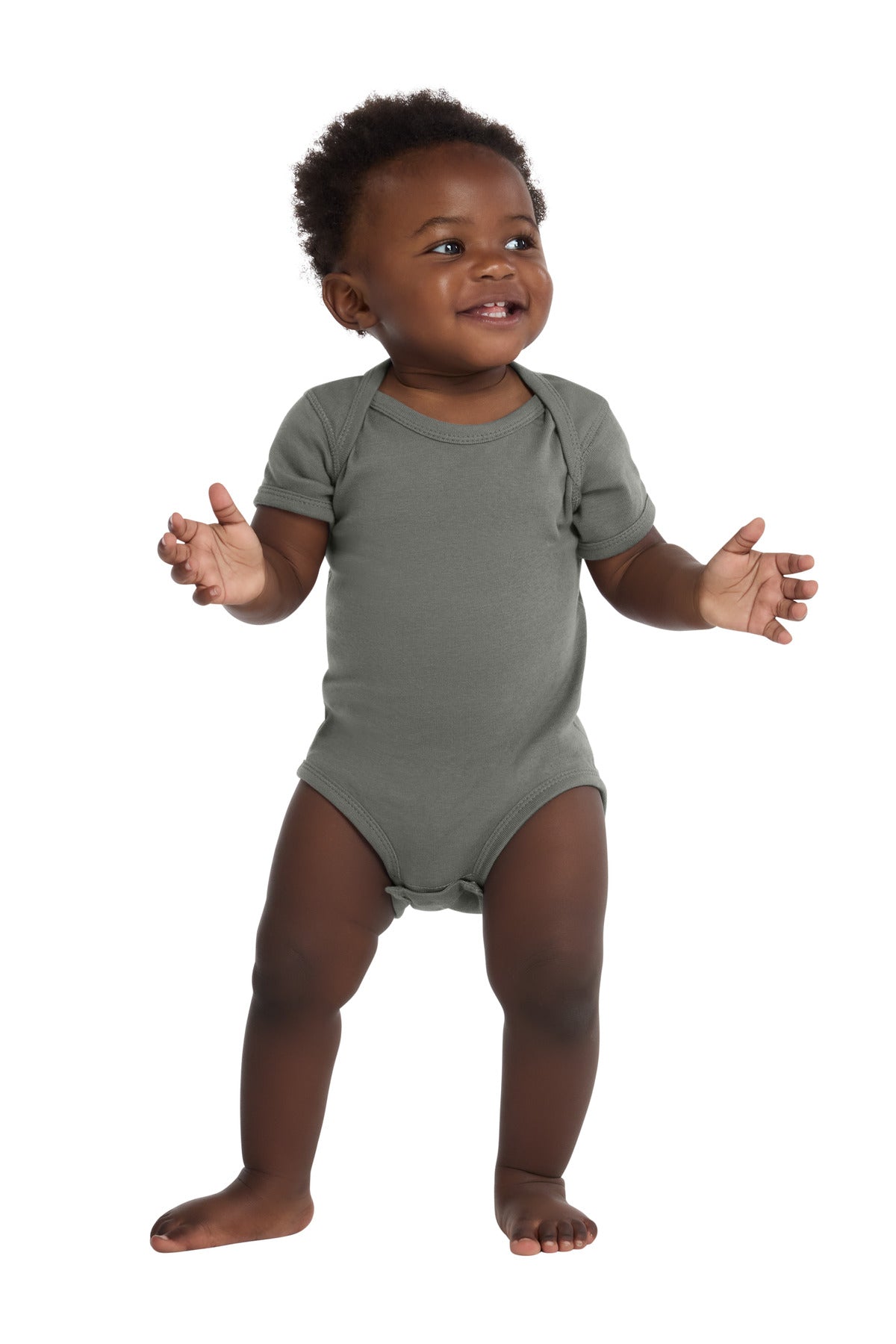 Custom Charcoal Infant Short Sleeve Baby Rib Bodysuit RS4400, personalized by SanCanDo Swag in Argyle, TX