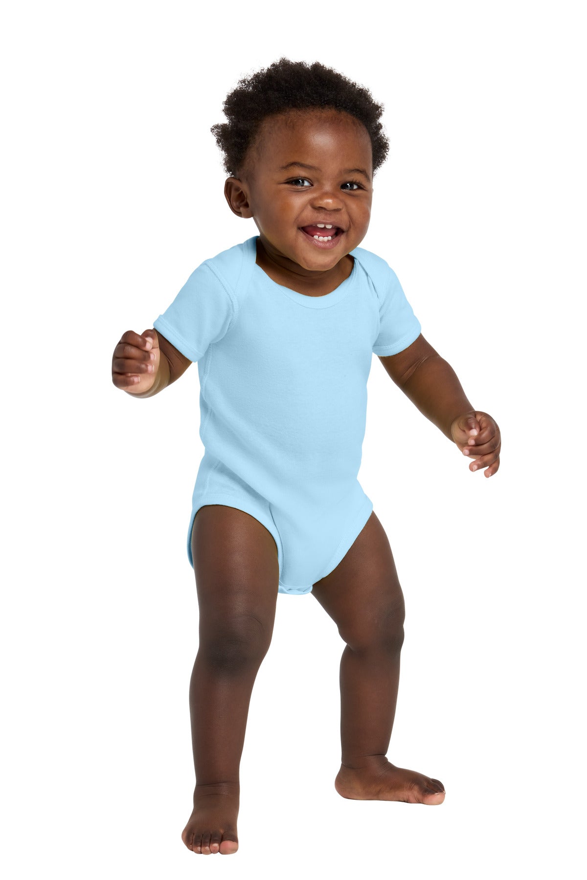 Custom Light Blue Infant Short Sleeve Baby Rib Bodysuit RS4400, personalized by SanCanDo Swag in Argyle, TX