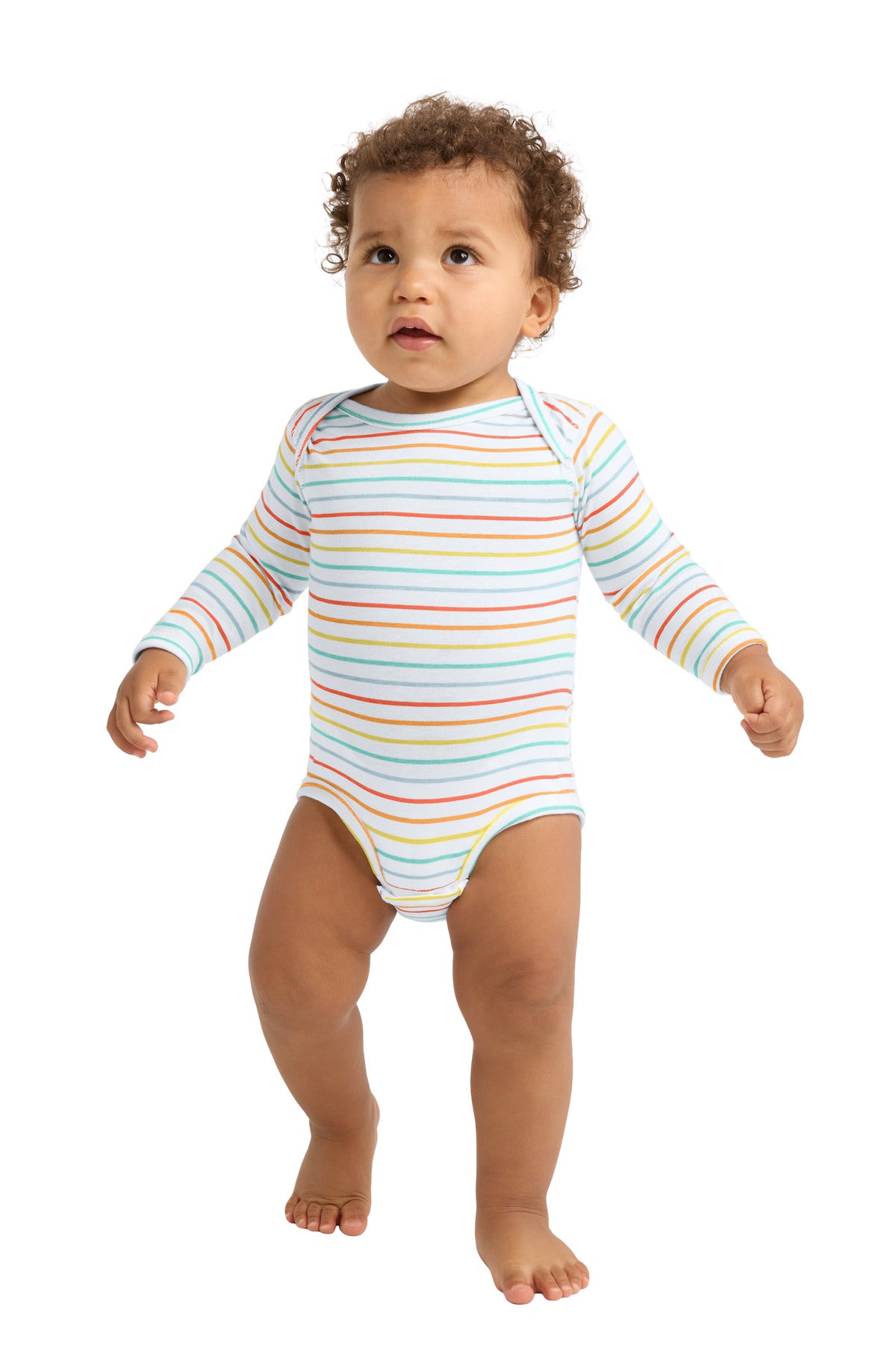 Custom Rainbow Stripe Infant Long Sleeve Jersey Bodysuit RS4421, personalized by SanCanDo Swag in Argyle, TX