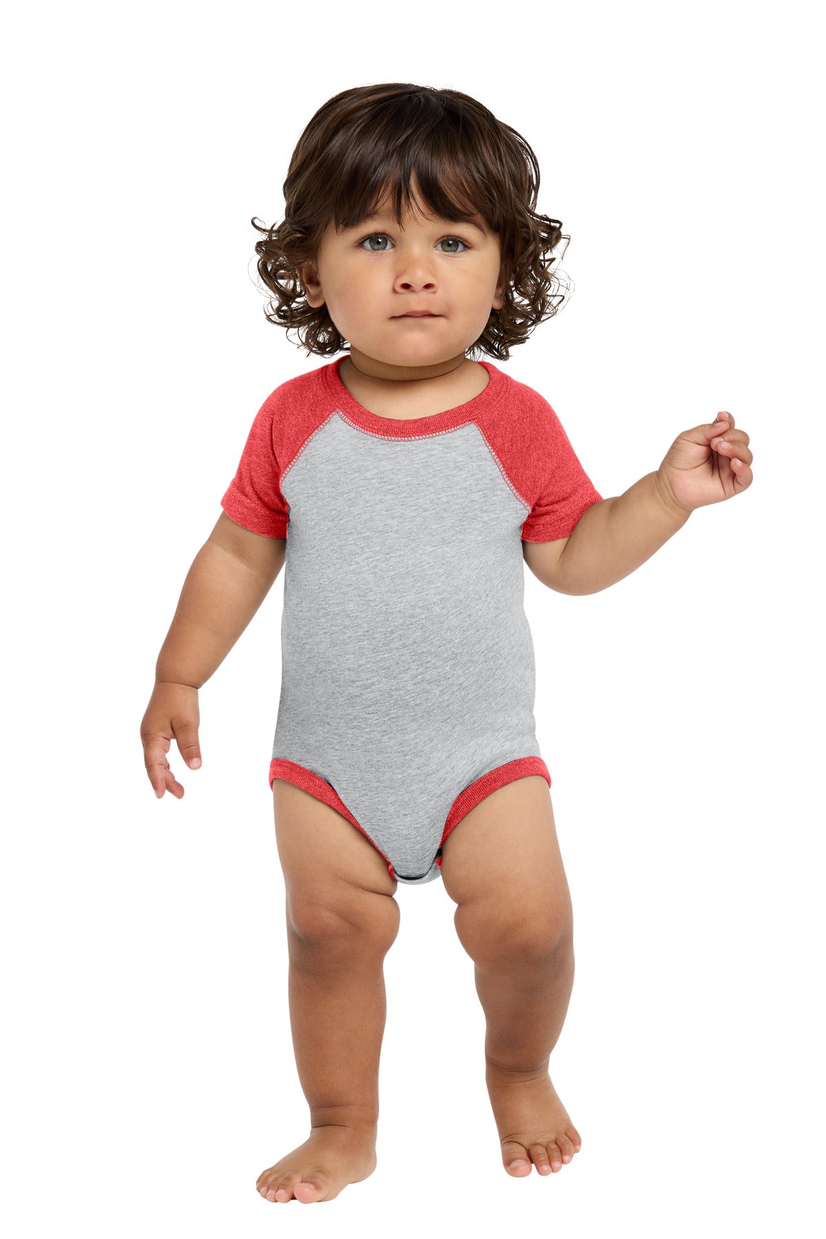 Custom Vintage Heather/ Vintage Red Infant Baseball Fine Jersey Bodysuit RS4430, personalized by SanCanDo Swag in Argyle, TX