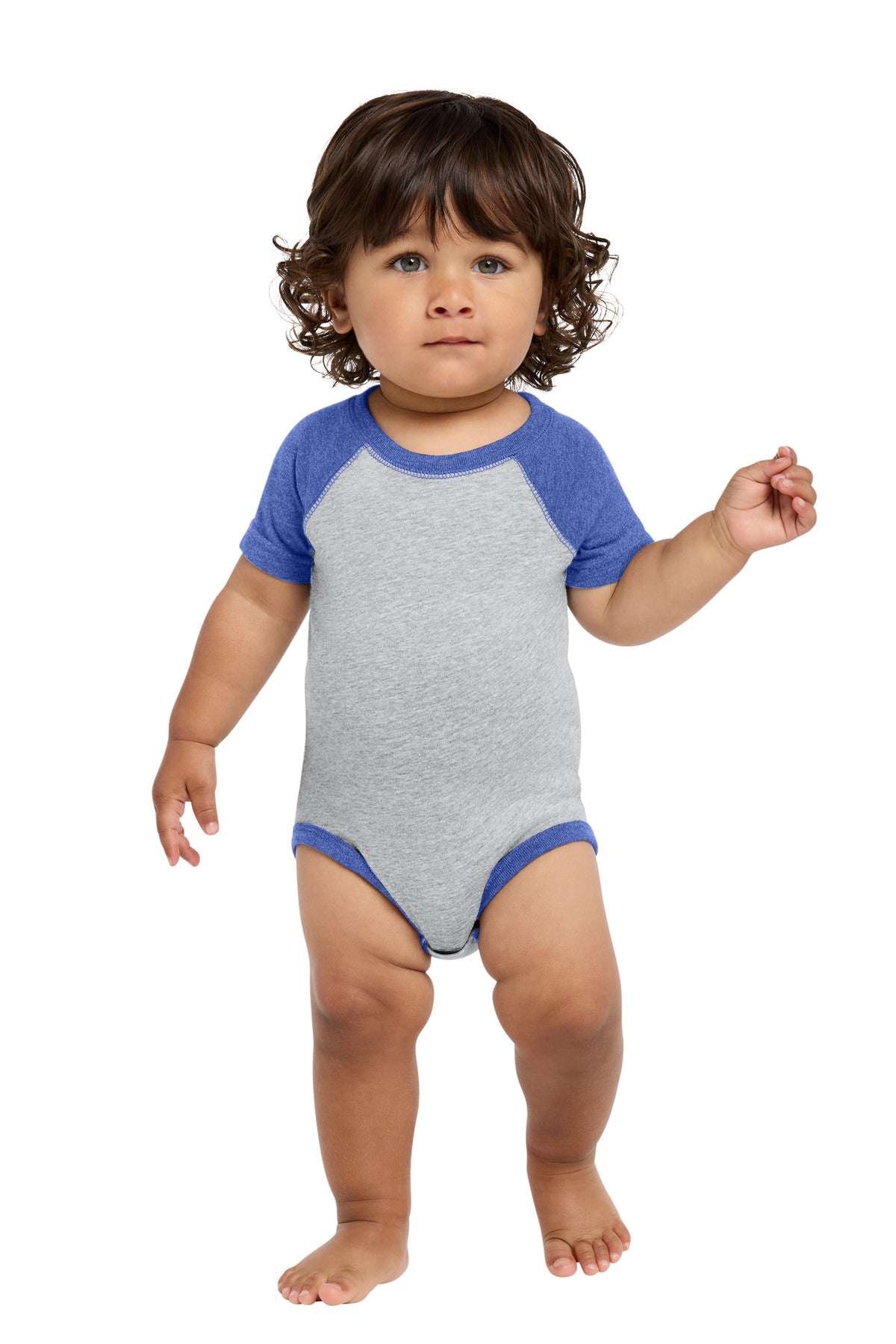Custom Vintage Heather/ Vintage Royal Infant Baseball Fine Jersey Bodysuit RS4430, personalized by SanCanDo Swag in Argyle, TX