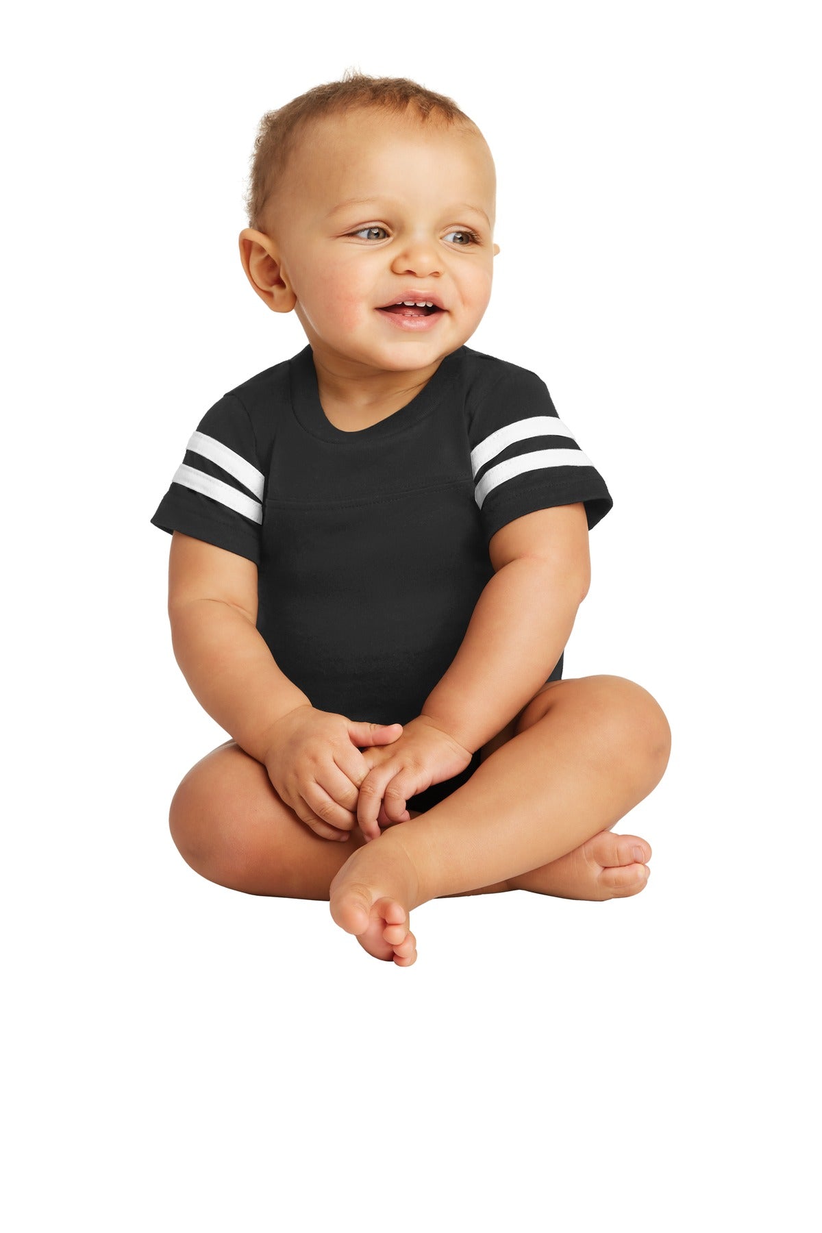 Custom Black/ White Infant Football Fine Jersey Bodysuit RS4437, personalized by SanCanDo Swag in Argyle, TX