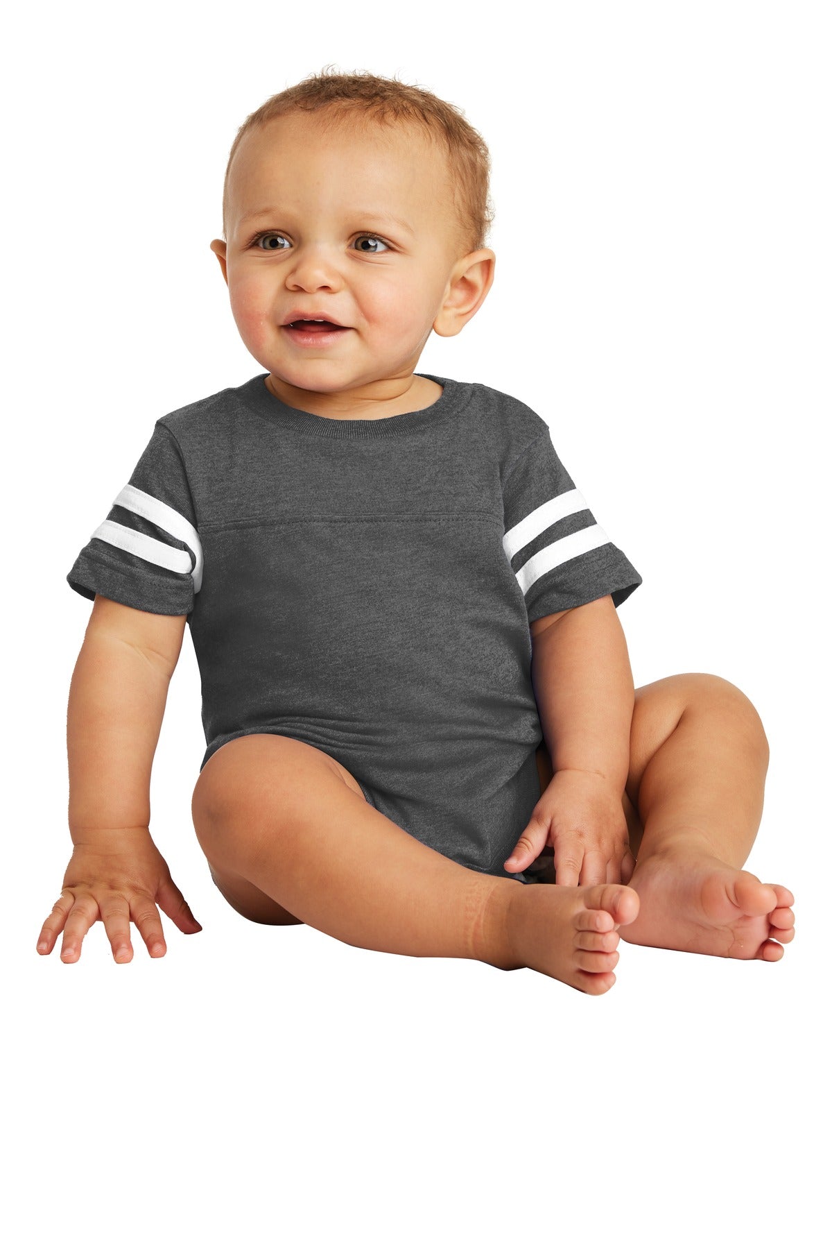 Custom Vintage Smoke/ Blended White Infant Football Fine Jersey Bodysuit RS4437, personalized by SanCanDo Swag in Argyle, TX