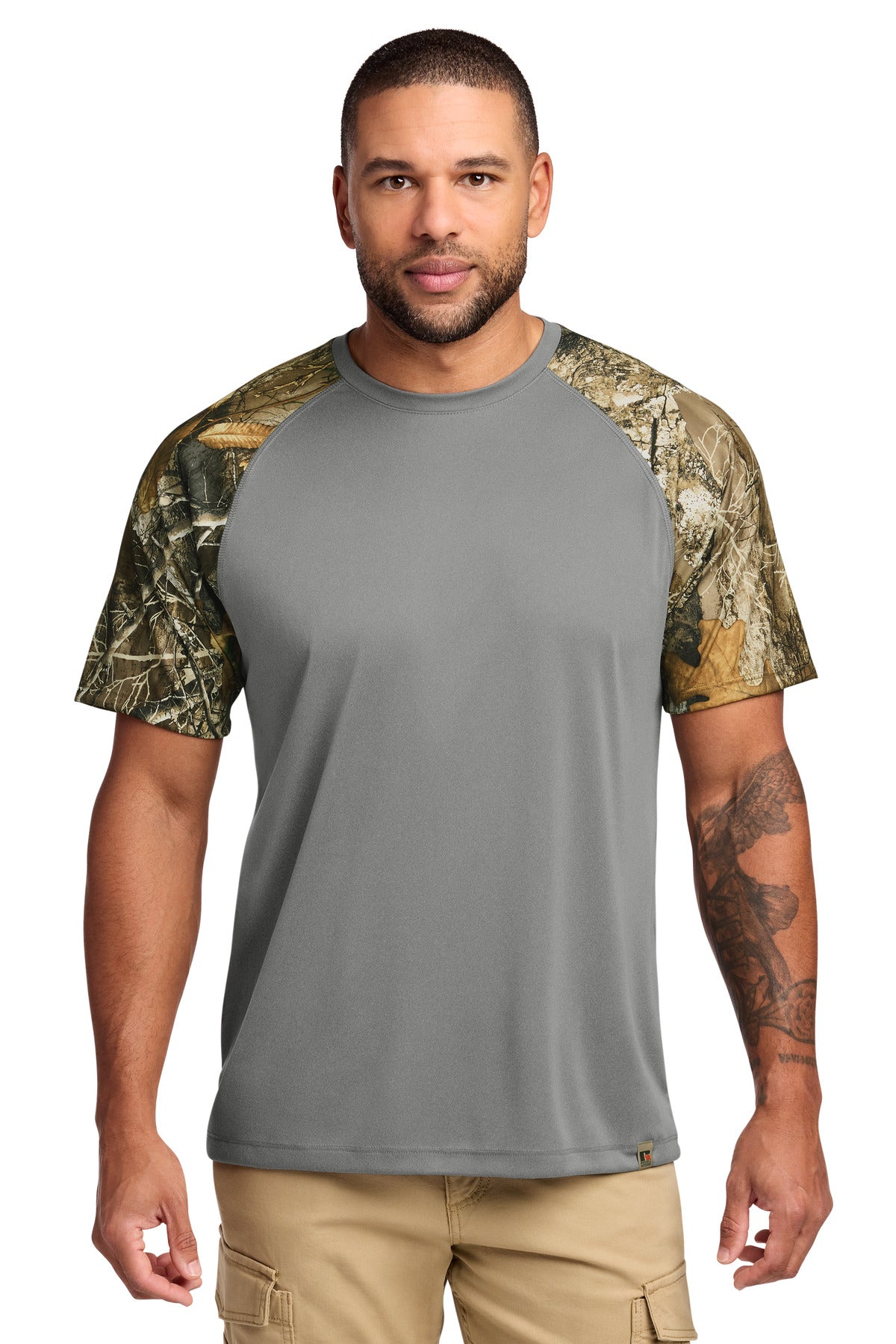 Custom Grey Concrete Heather/ Realtree Edge Realtree Colorblock Performance Tee RU151, personalized by SanCanDo Swag in Argyle, TX
