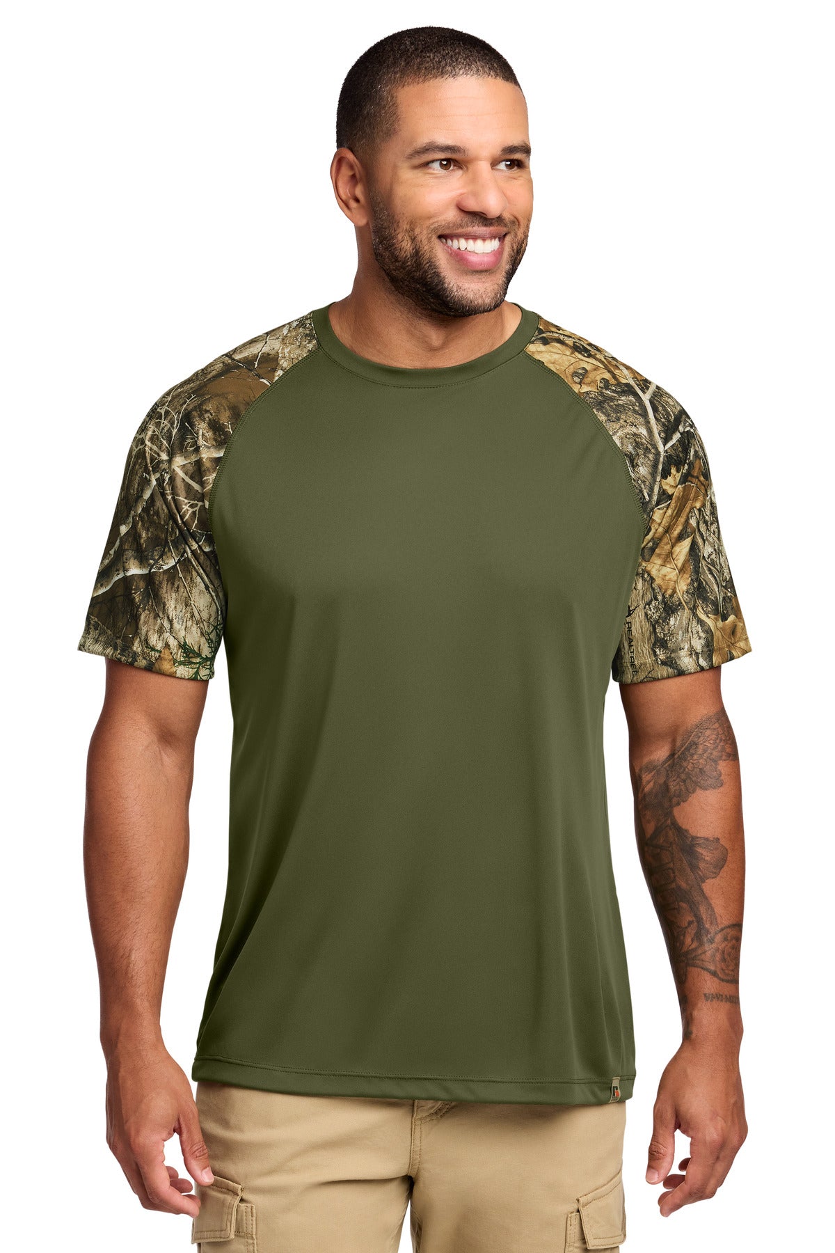 Custom Olive Drab Green/ Realtree Edge Realtree Colorblock Performance Tee RU151, personalized by SanCanDo Swag in Argyle, TX
