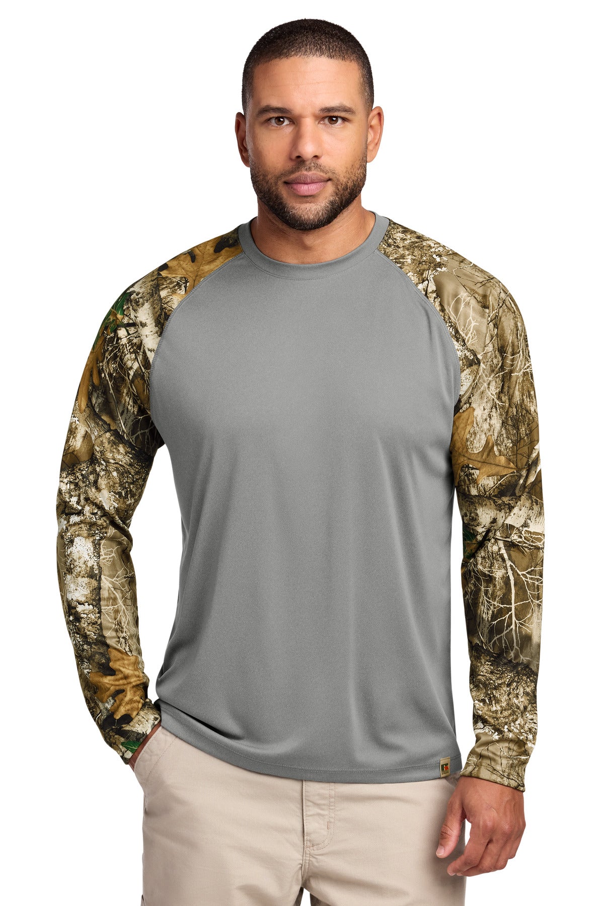 Custom Grey Concrete Heather/ Realtree Edge Performance Long Sleeve Tee RU151LS, personalized by SanCanDo Swag in Argyle, TX
