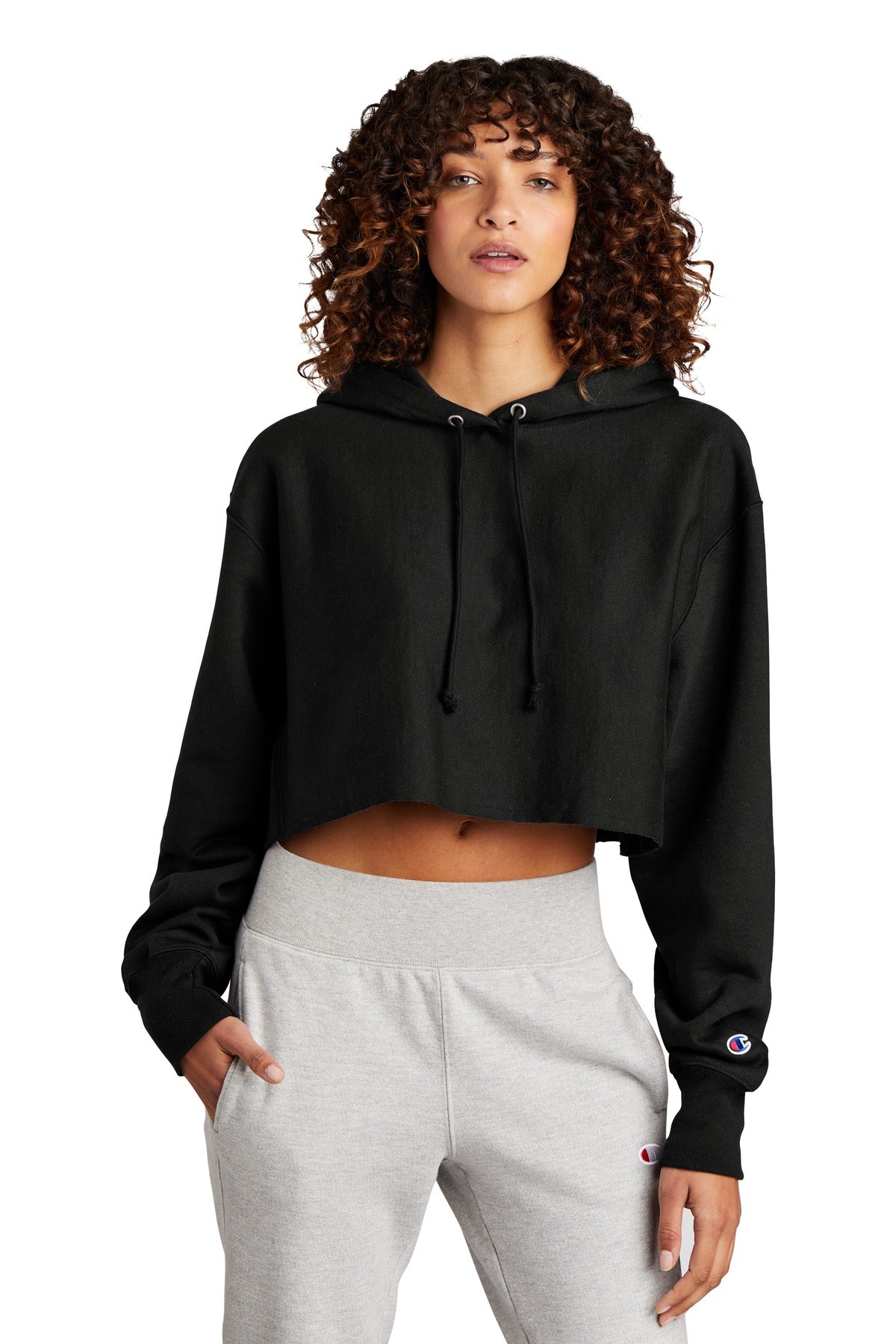 Custom Black Reverse Weave Cropped Cut-Off Hoodie RW01W, personalized by SanCanDo Swag in Argyle, TX
