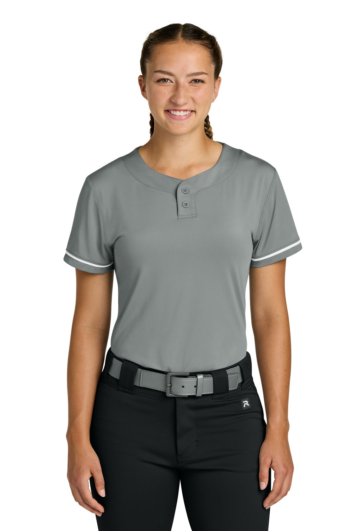 Custom Grey Women's Select 2-Button Softball Jersey RW7220, personalized by SanCanDo Swag in Argyle, TX
