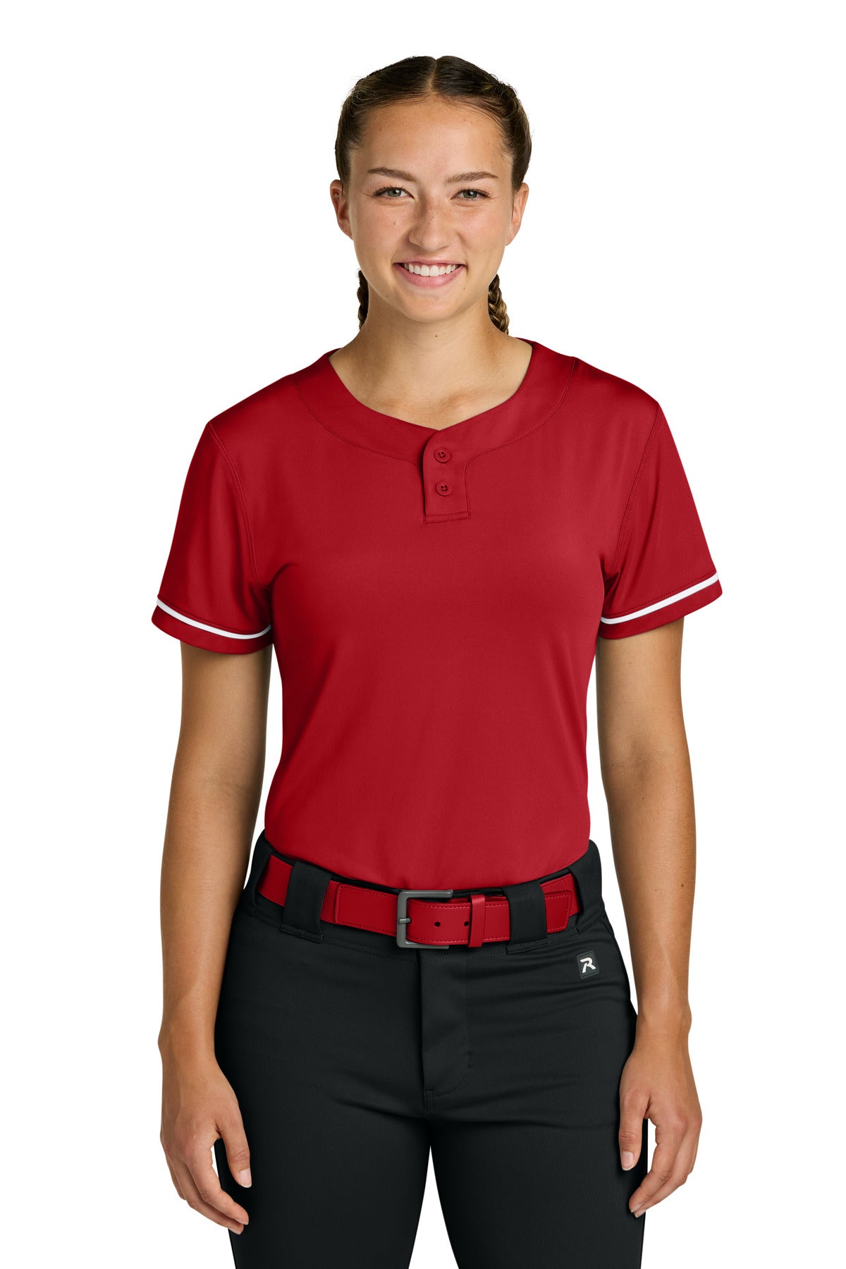 Custom Red Women's Select 2-Button Softball Jersey RW7220, personalized by SanCanDo Swag in Argyle, TX
