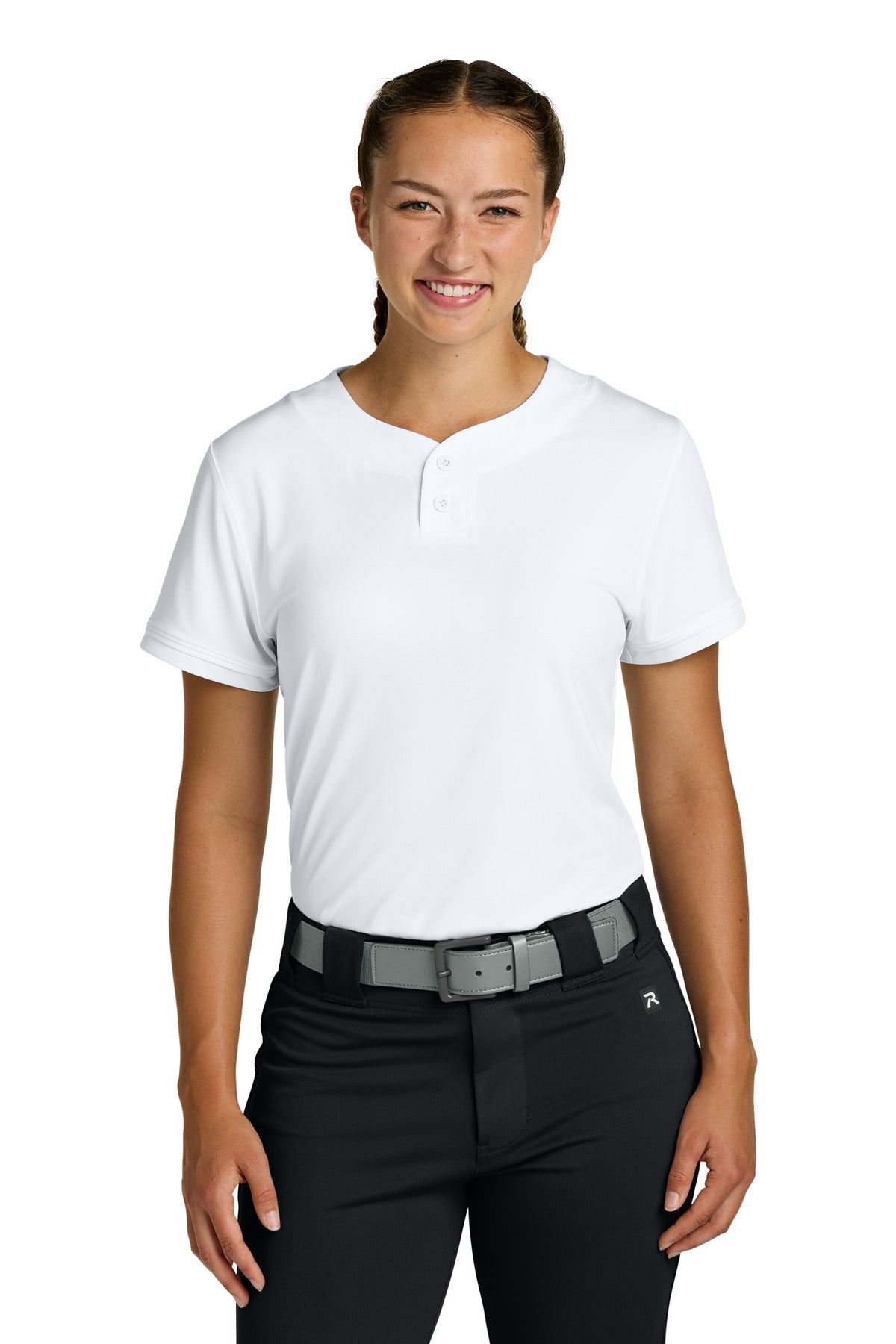 Custom White Women's Select 2-Button Softball Jersey RW7220, personalized by SanCanDo Swag in Argyle, TX