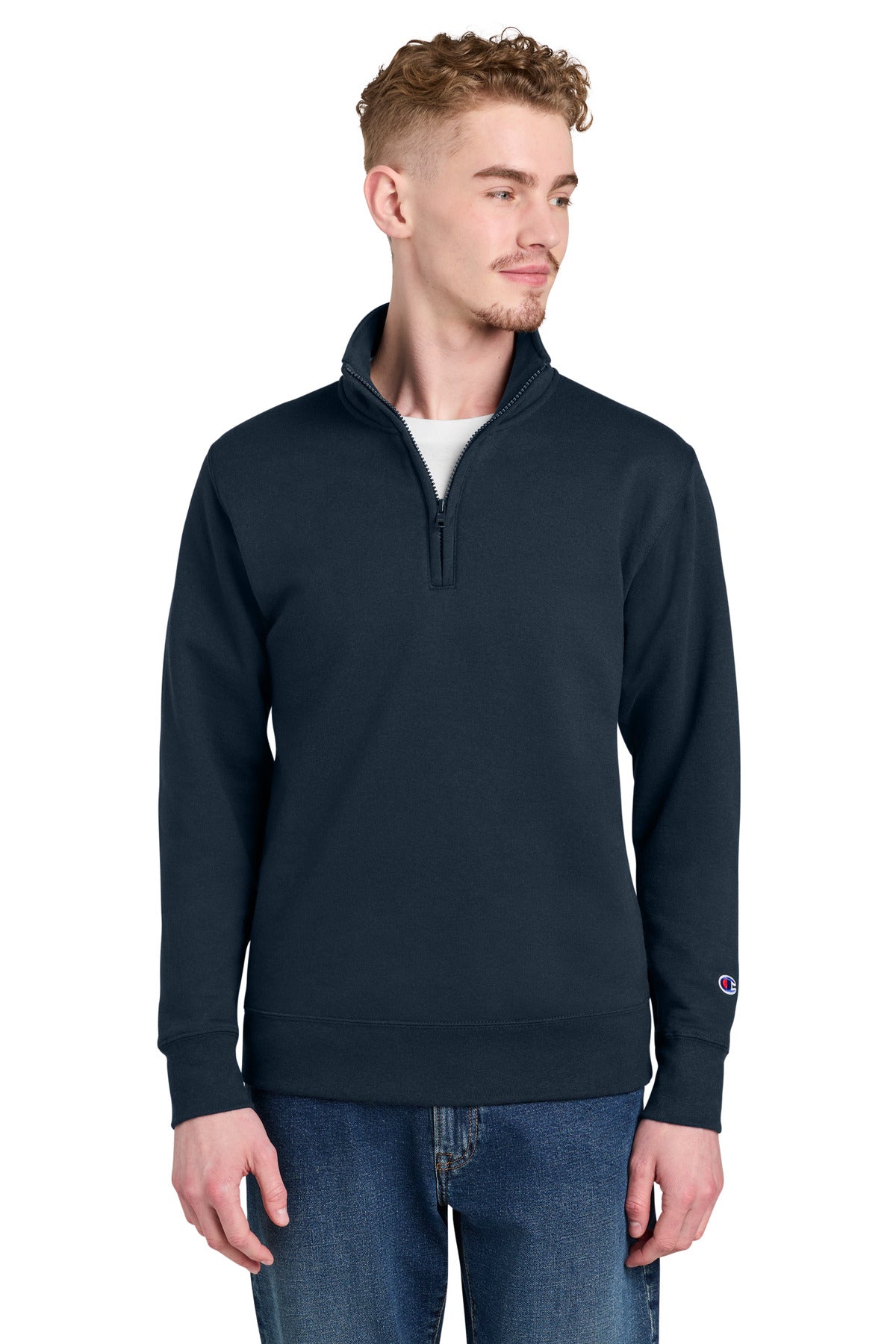 Custom Navy Powerblend 1/4-Zip Sweatshirt S450, personalized by SanCanDo Swag in Argyle, TX