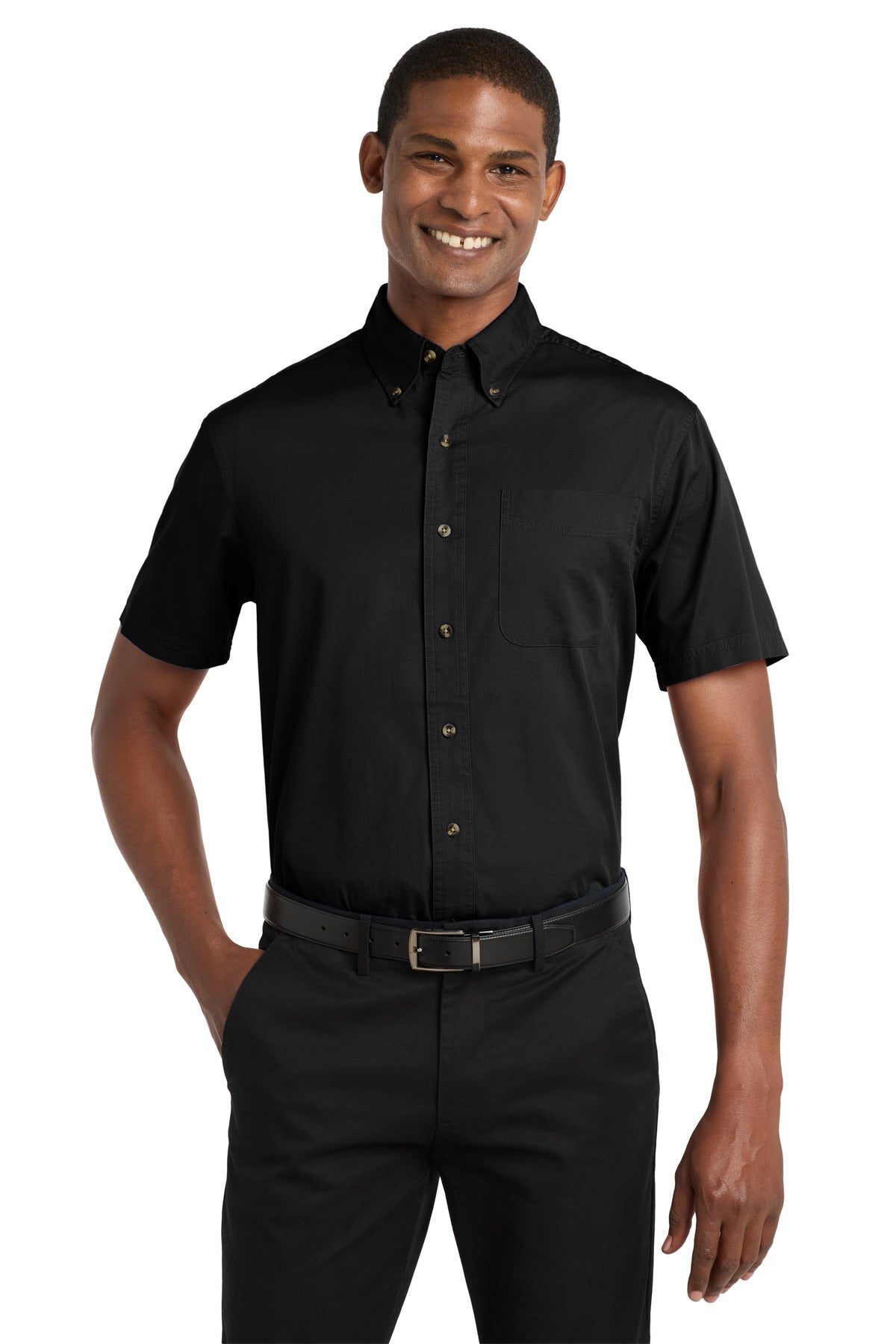Custom Black Short Sleeve Twill Shirt S500T, personalized by SanCanDo Swag in Argyle, TX