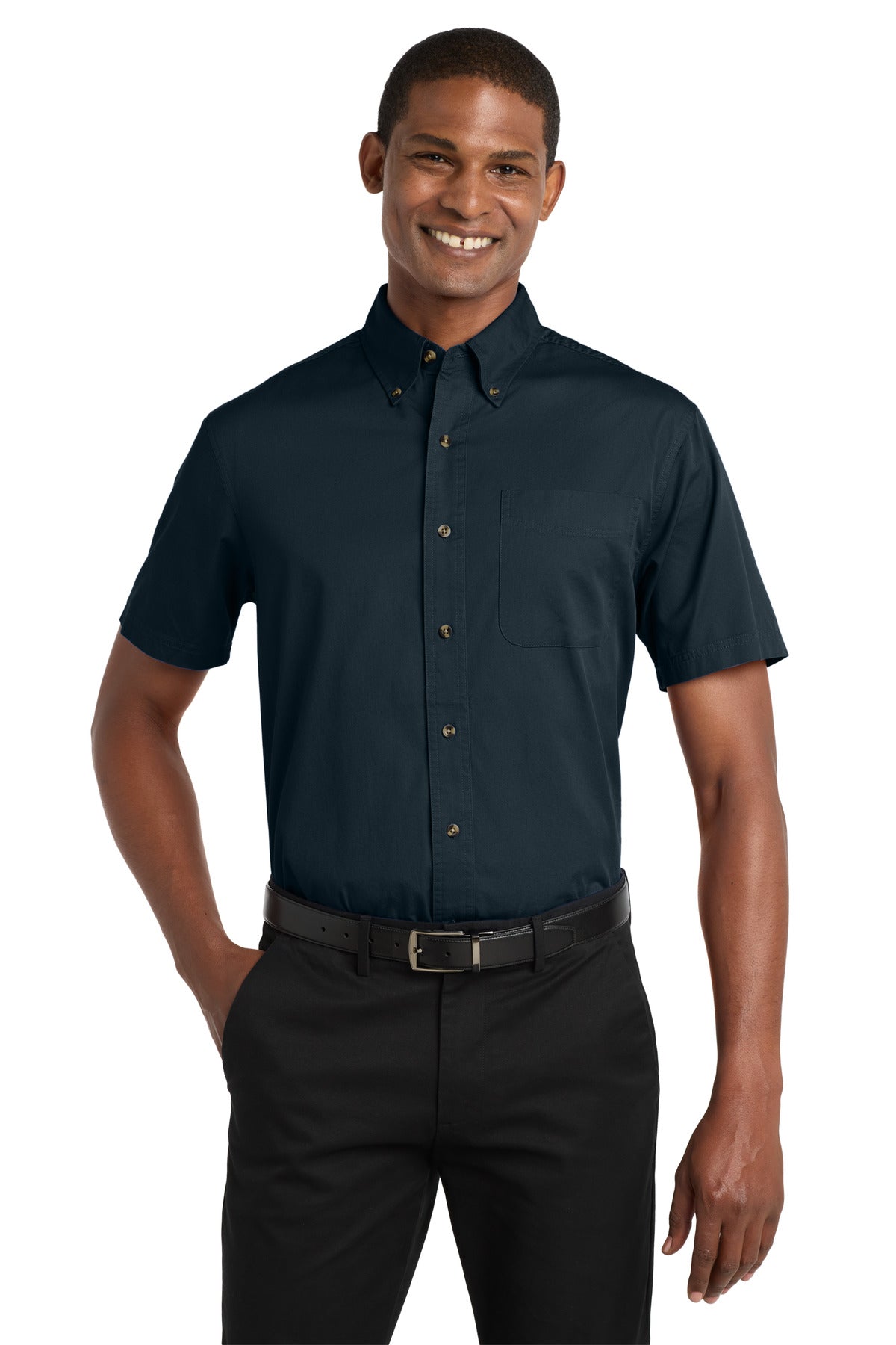 Custom Classic Navy Short Sleeve Twill Shirt S500T, personalized by SanCanDo Swag in Argyle, TX