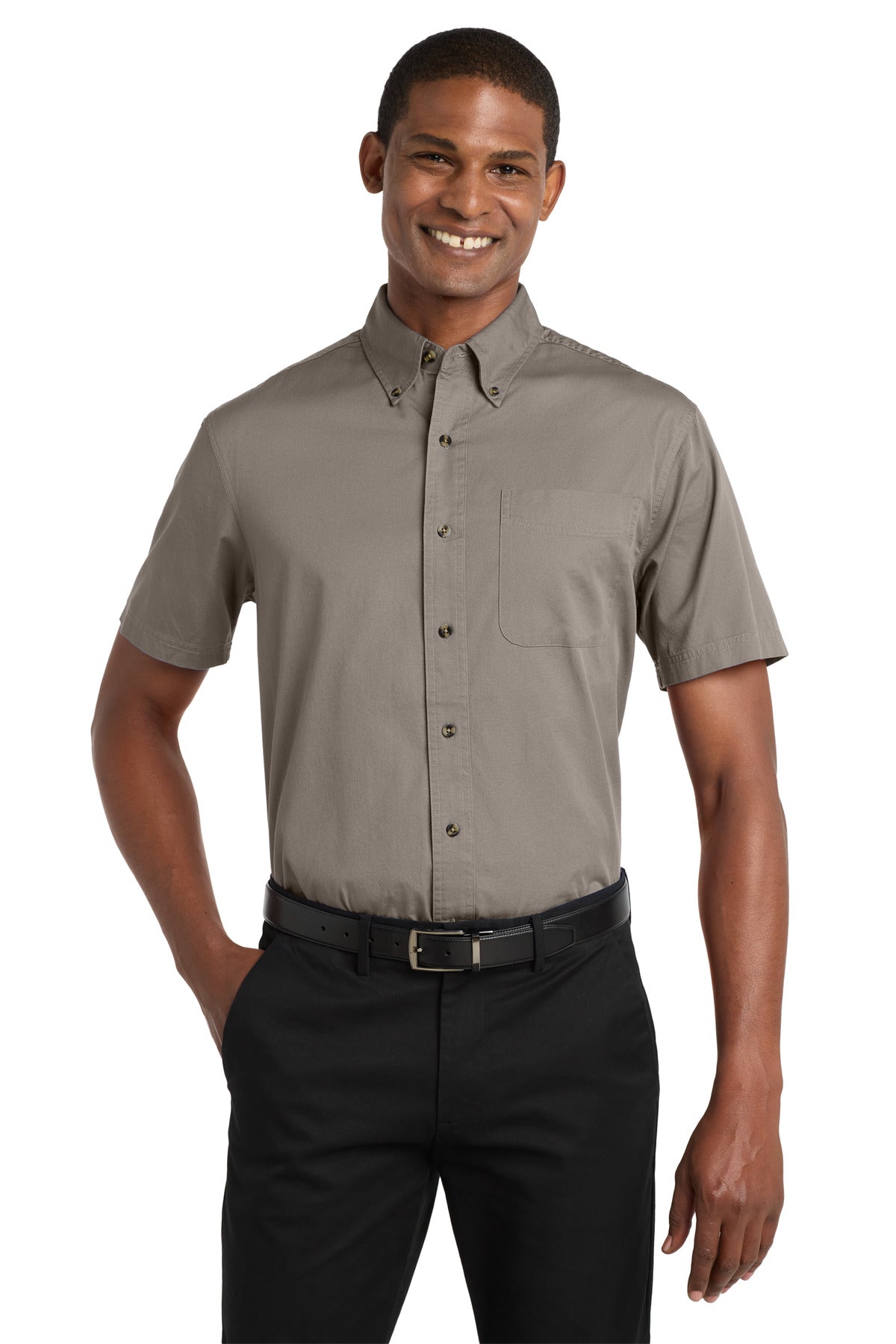 Custom Khaki Short Sleeve Twill Shirt S500T, personalized by SanCanDo Swag in Argyle, TX