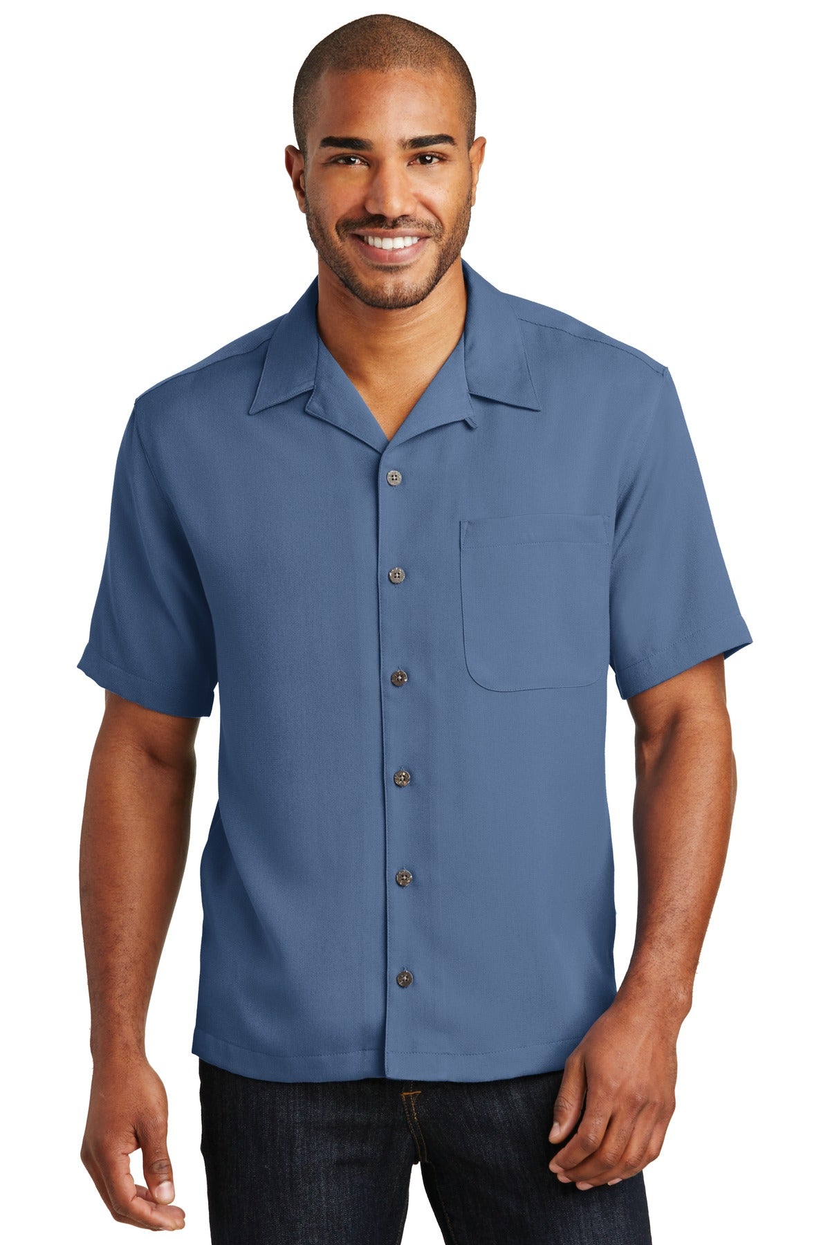Custom Blue Easy Care Camp Shirt S535, personalized by SanCanDo Swag in Argyle, TX