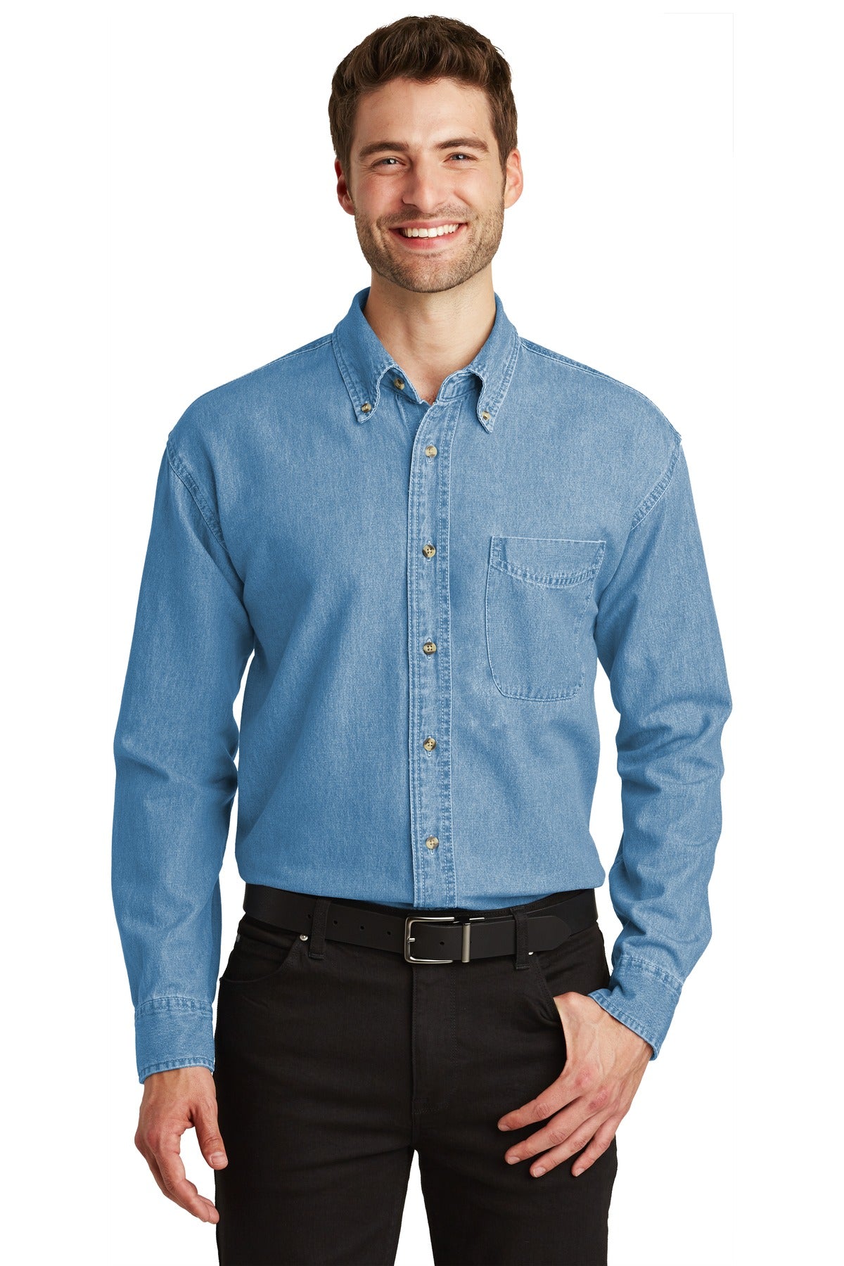 Custom Faded Denim Long Sleeve Denim Shirt S600, personalized by SanCanDo Swag in Argyle, TX