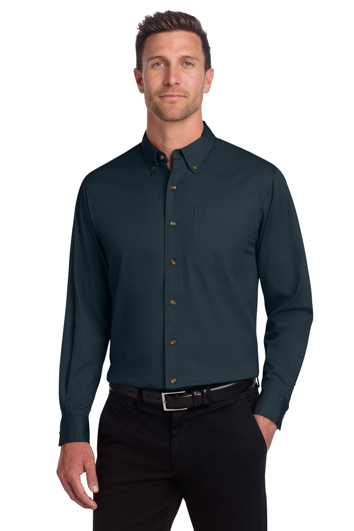 Custom Classic Navy Long Sleeve Twill Shirt S600T, personalized by SanCanDo Swag in Argyle, TX