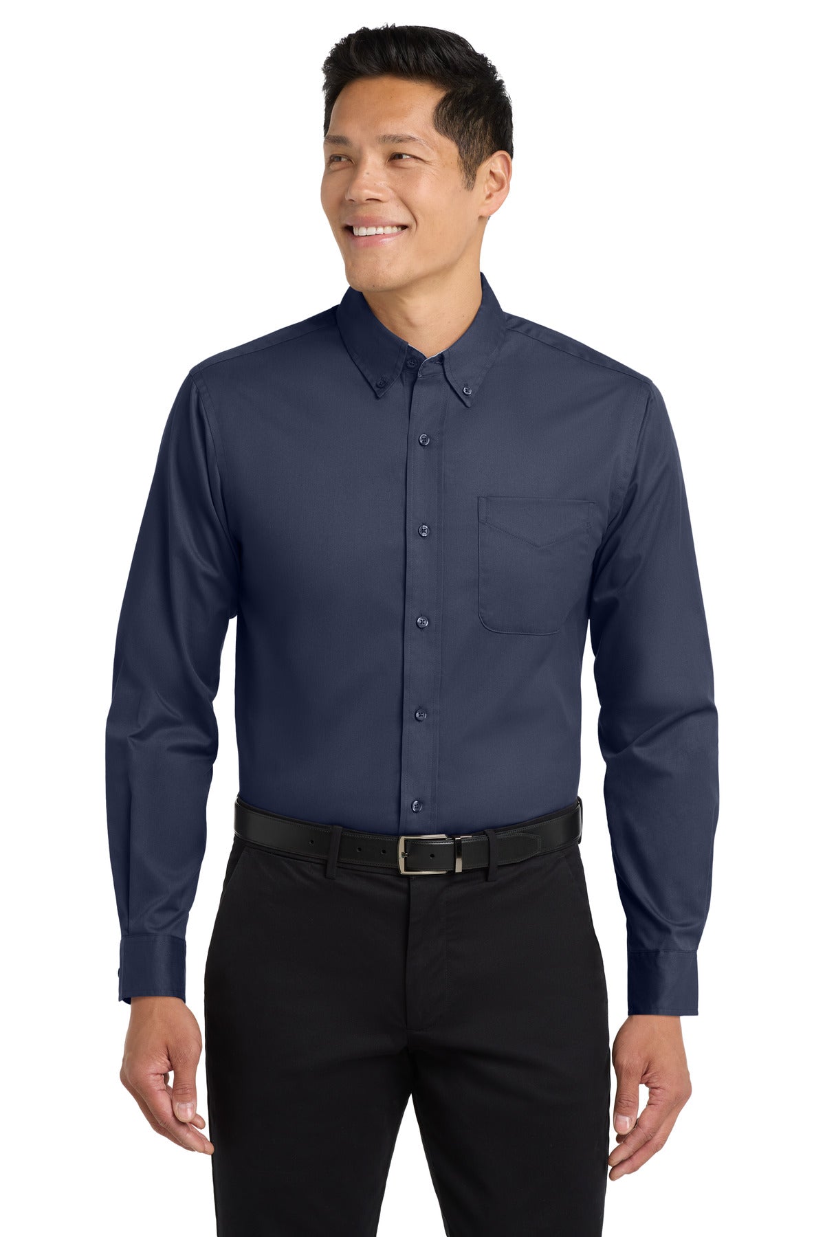 Custom Navy/ Light Stone Long Sleeve Easy Care Shirt S608, personalized by SanCanDo Swag in Argyle, TX