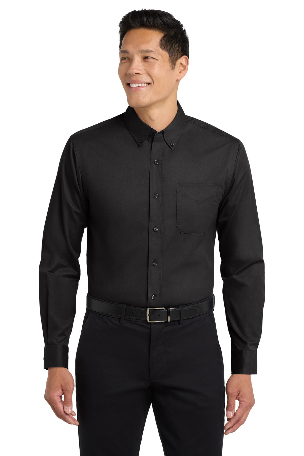 Custom Black/ Light Stone Extended Size Long Sleeve Easy Care Shirt S608ES, personalized by SanCanDo Swag in Argyle, TX