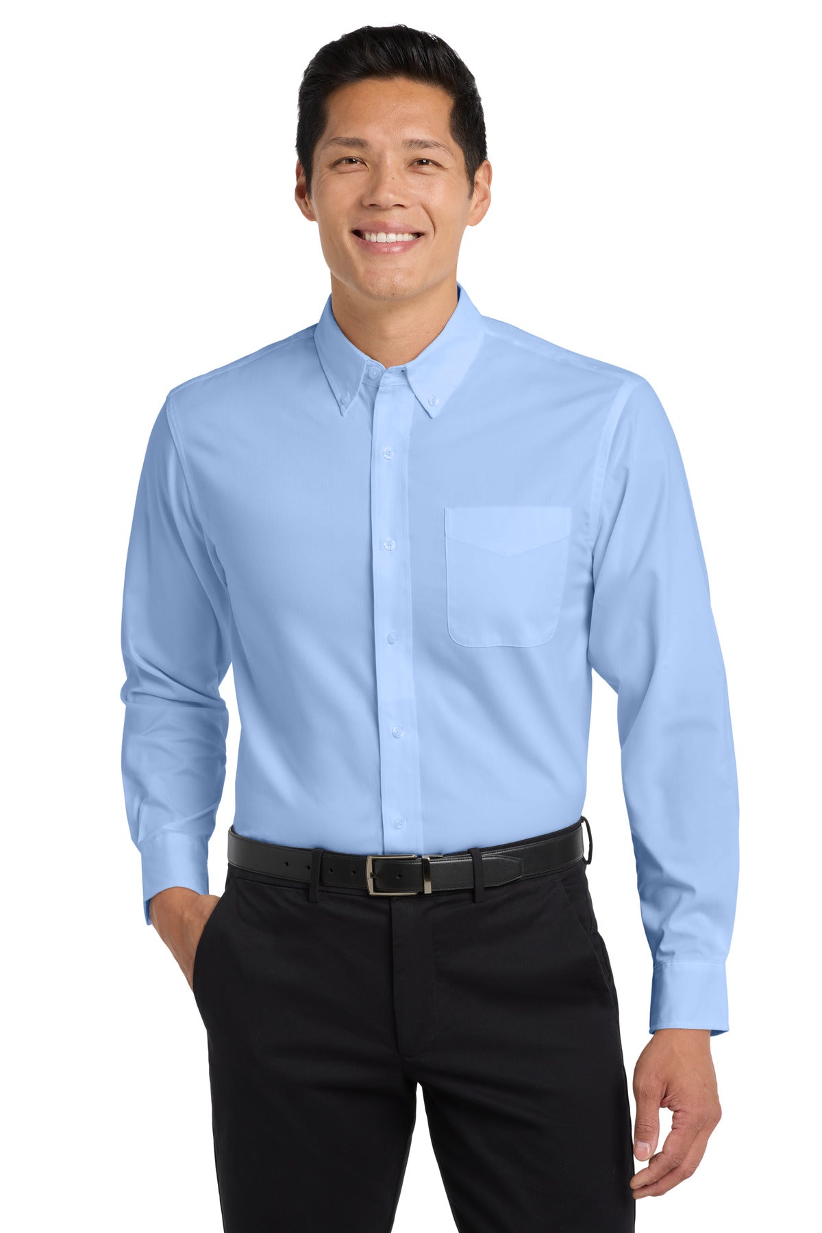 Custom Light Blue/ Light Stone Extended Size Long Sleeve Easy Care Shirt S608ES, personalized by SanCanDo Swag in Argyle, TX