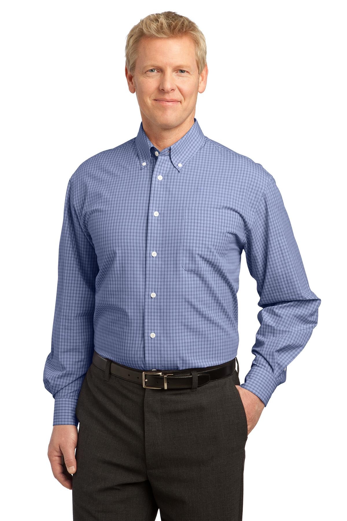 Custom Navy Plaid Pattern Easy Care Shirt S639, personalized by SanCanDo Swag in Argyle, TX