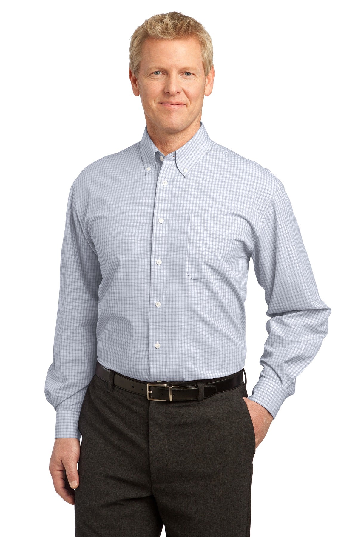 Custom White Plaid Pattern Easy Care Shirt S639, personalized by SanCanDo Swag in Argyle, TX
