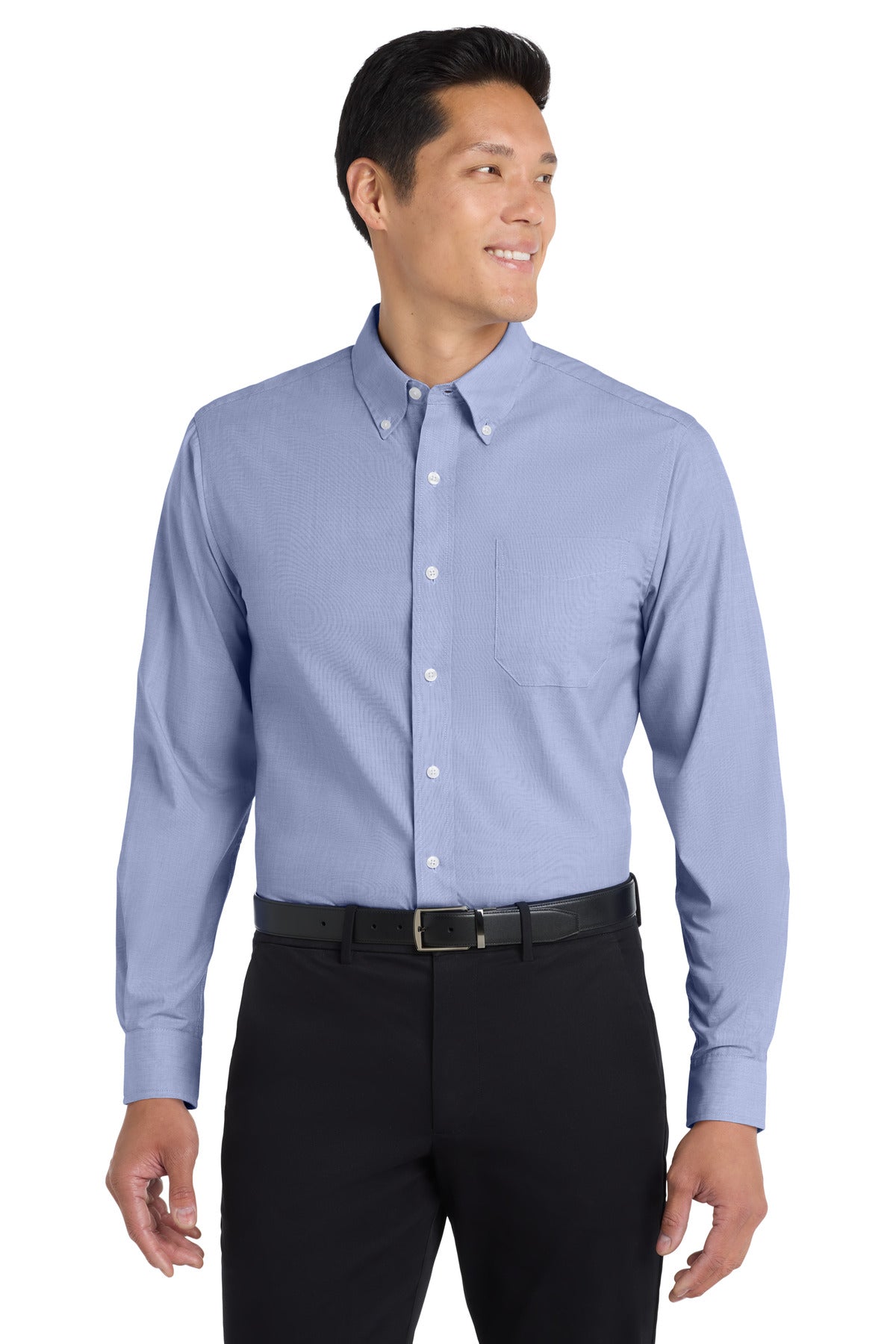 Custom Chambray Blue Crosshatch Easy Care Shirt S640, personalized by SanCanDo Swag in Argyle, TX