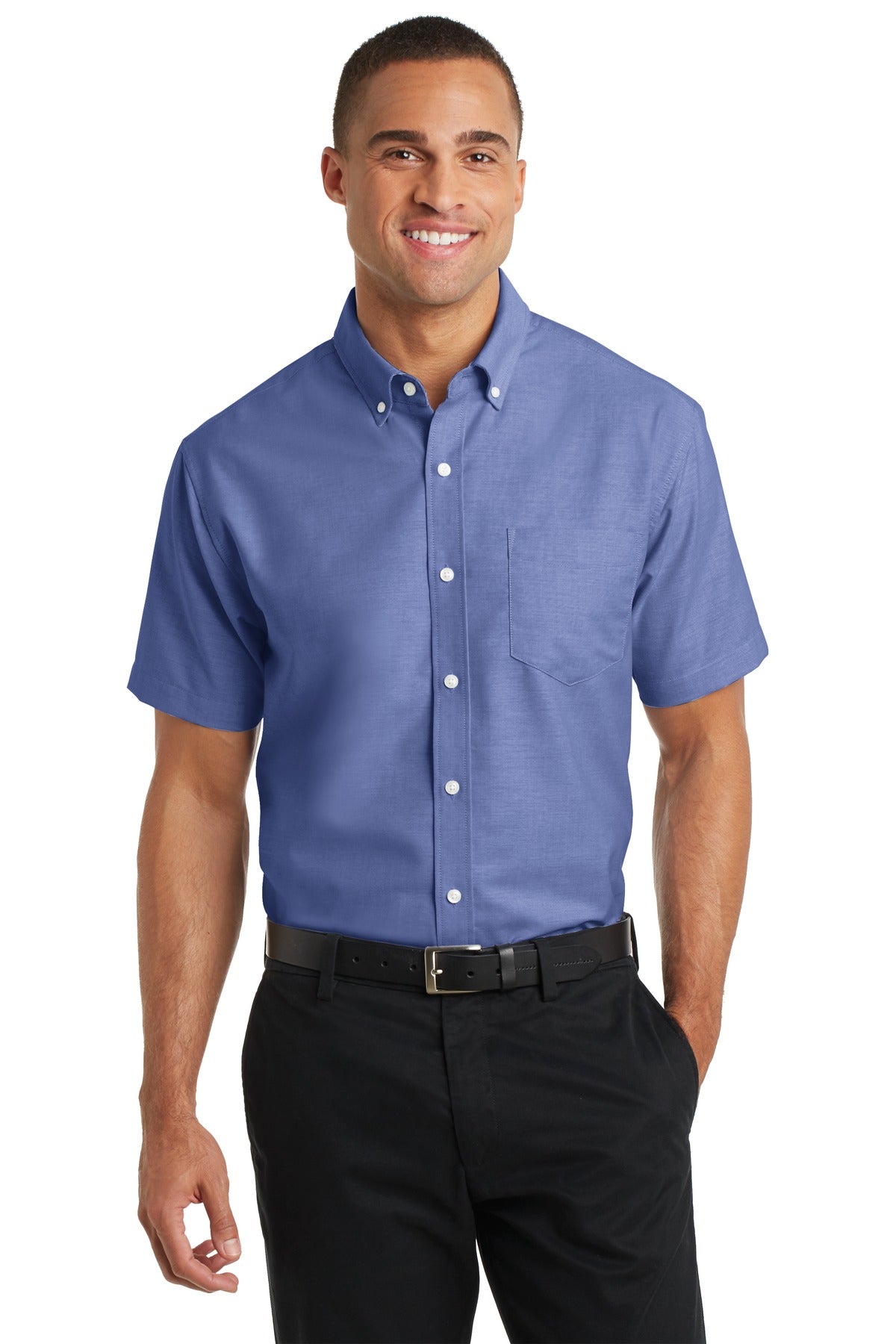 Custom Navy Short Sleeve SuperPro Oxford Shirt S659, personalized by SanCanDo Swag in Argyle, TX