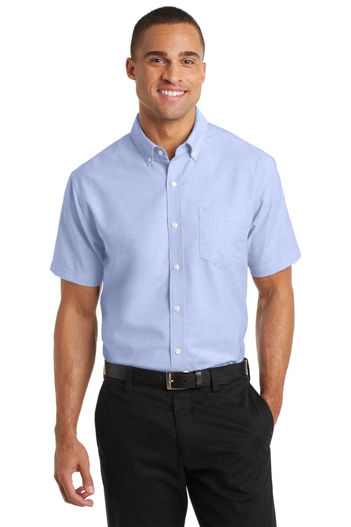 Custom Oxford Blue Short Sleeve SuperPro Oxford Shirt S659, personalized by SanCanDo Swag in Argyle, TX