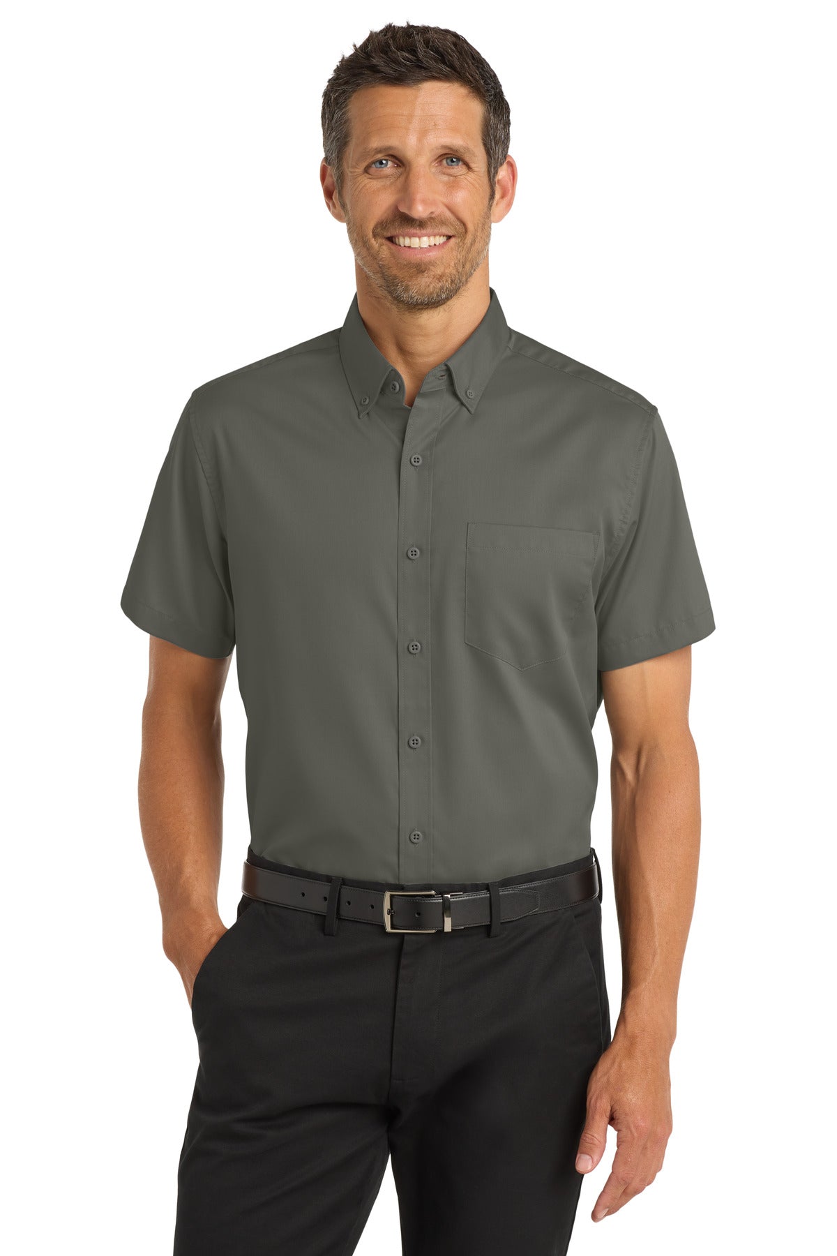 Custom Sterling Grey Short Sleeve SuperPro Twill Shirt S664, personalized by SanCanDo Swag in Argyle, TX