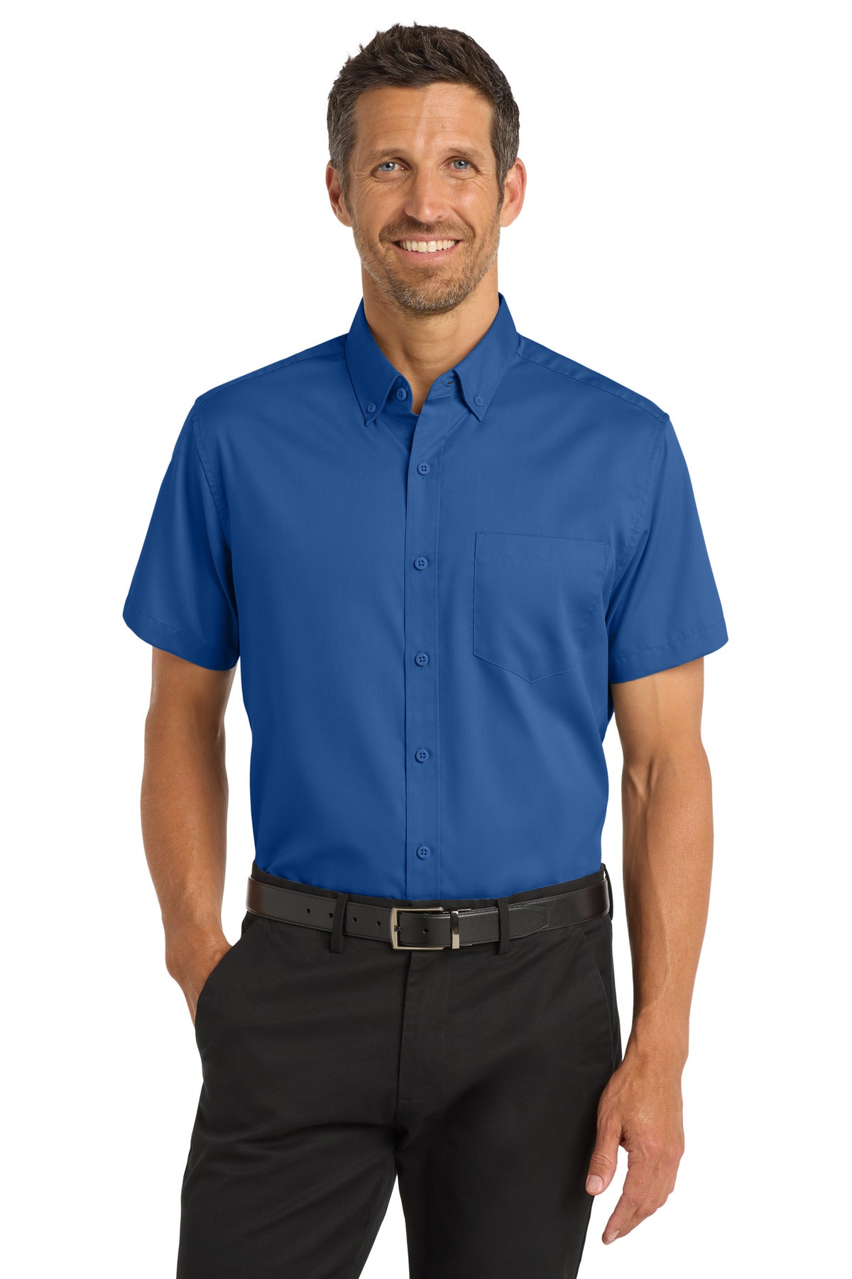 Custom True Blue Short Sleeve SuperPro Twill Shirt S664, personalized by SanCanDo Swag in Argyle, TX